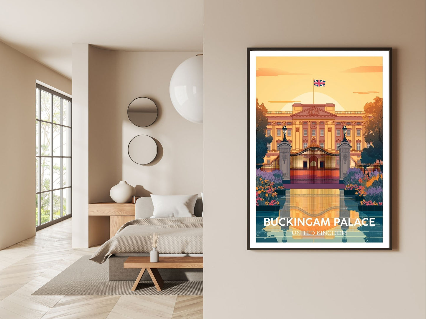 Gallery wall display of Buckingham Palace United Kingdom travel poster – Atlas Prints