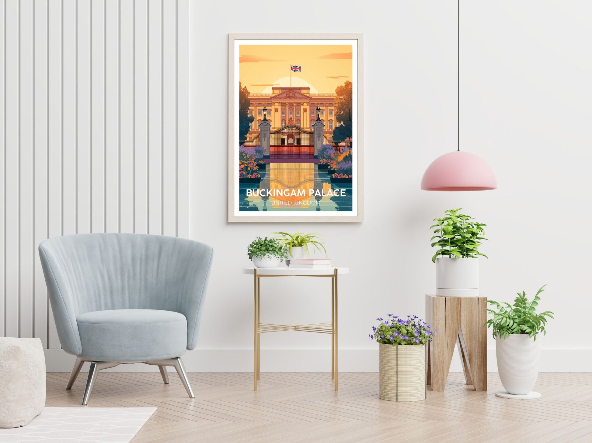 Buckingham Palace United Kingdom travel print displayed in living room – Atlas Prints
