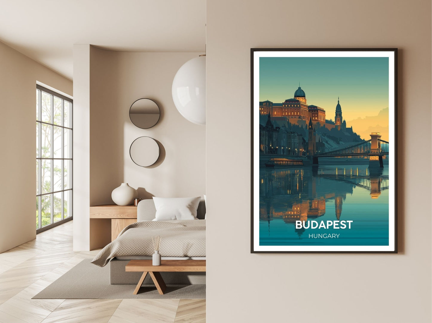 Gallery wall display of Budapest Hungary travel poster – Atlas Prints