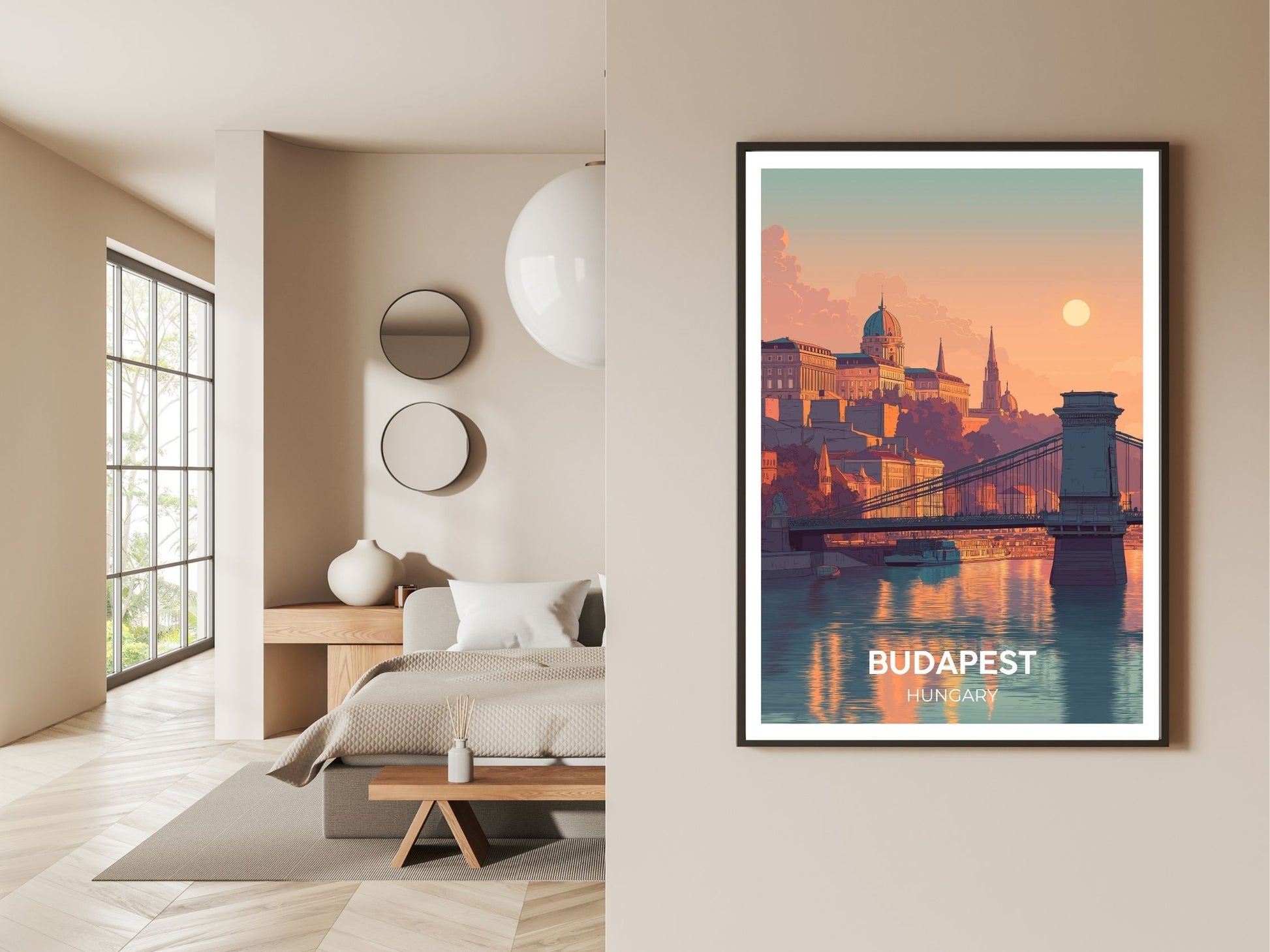 Gallery wall display of Budapest Hungary travel poster – Atlas Prints