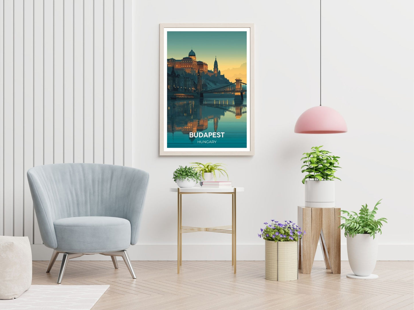 Budapest Hungary travel print displayed in living room – Atlas Prints