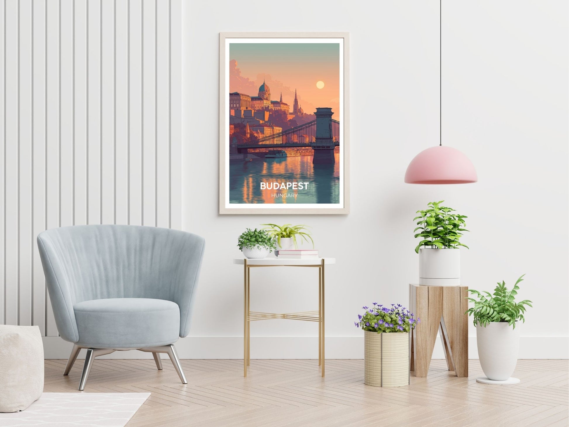Budapest Hungary travel print displayed in living room – Atlas Prints