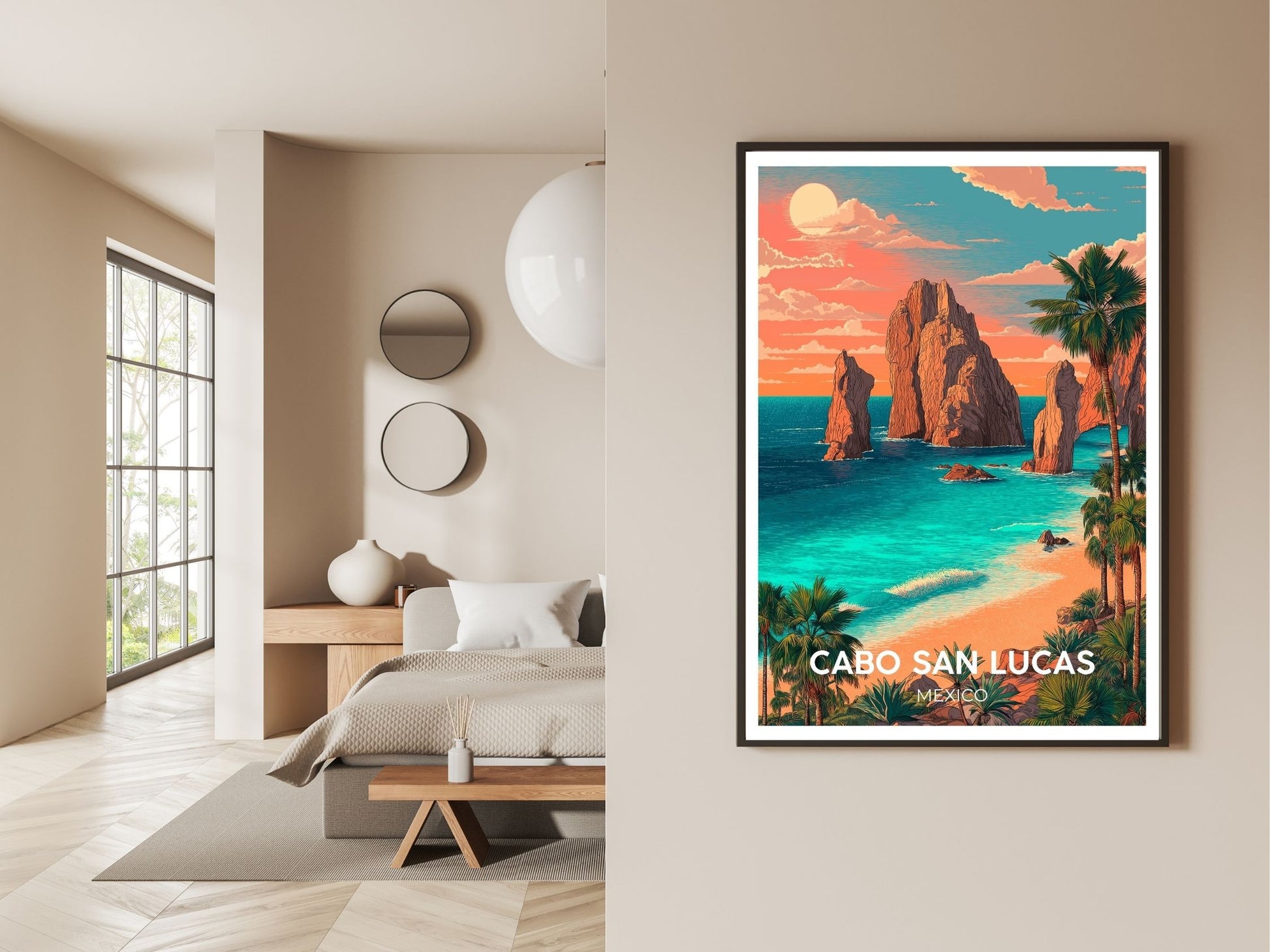 Gallery wall display of Cabo San Lucas Mexico travel poster – Atlas Prints