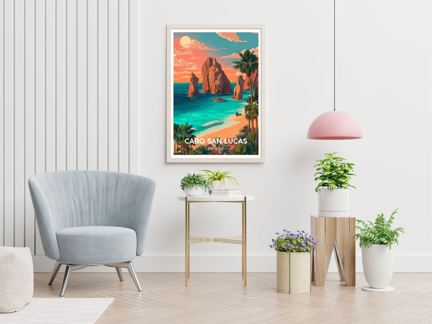 Cabo San Lucas Mexico travel print displayed in living room – Atlas Prints