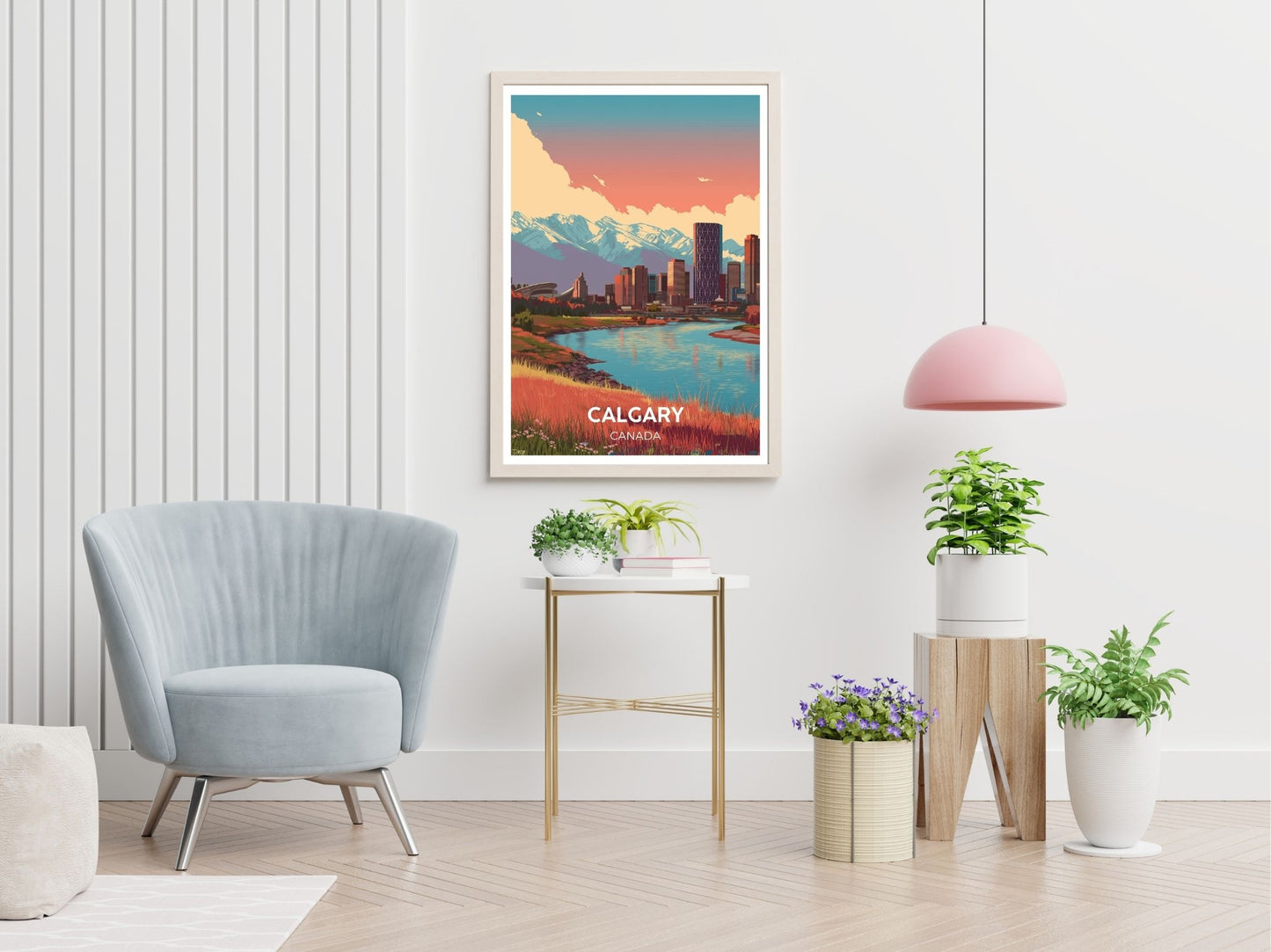 Calgary Canada travel print displayed in living room – Atlas Prints