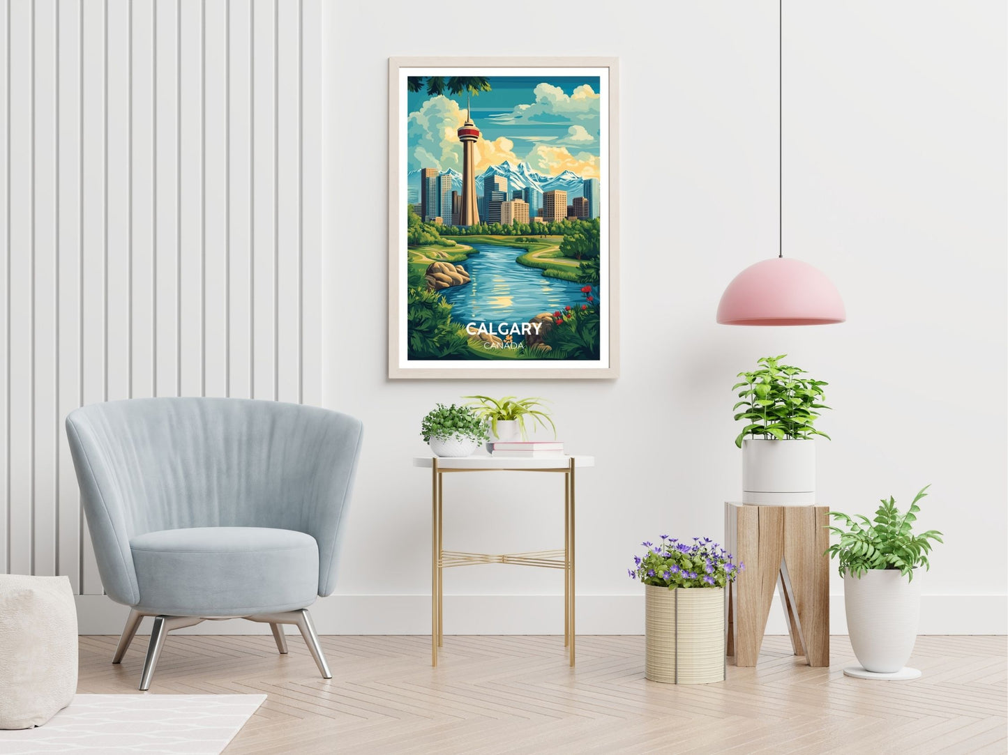 Calgary travel print displayed in living room – Atlas Prints
