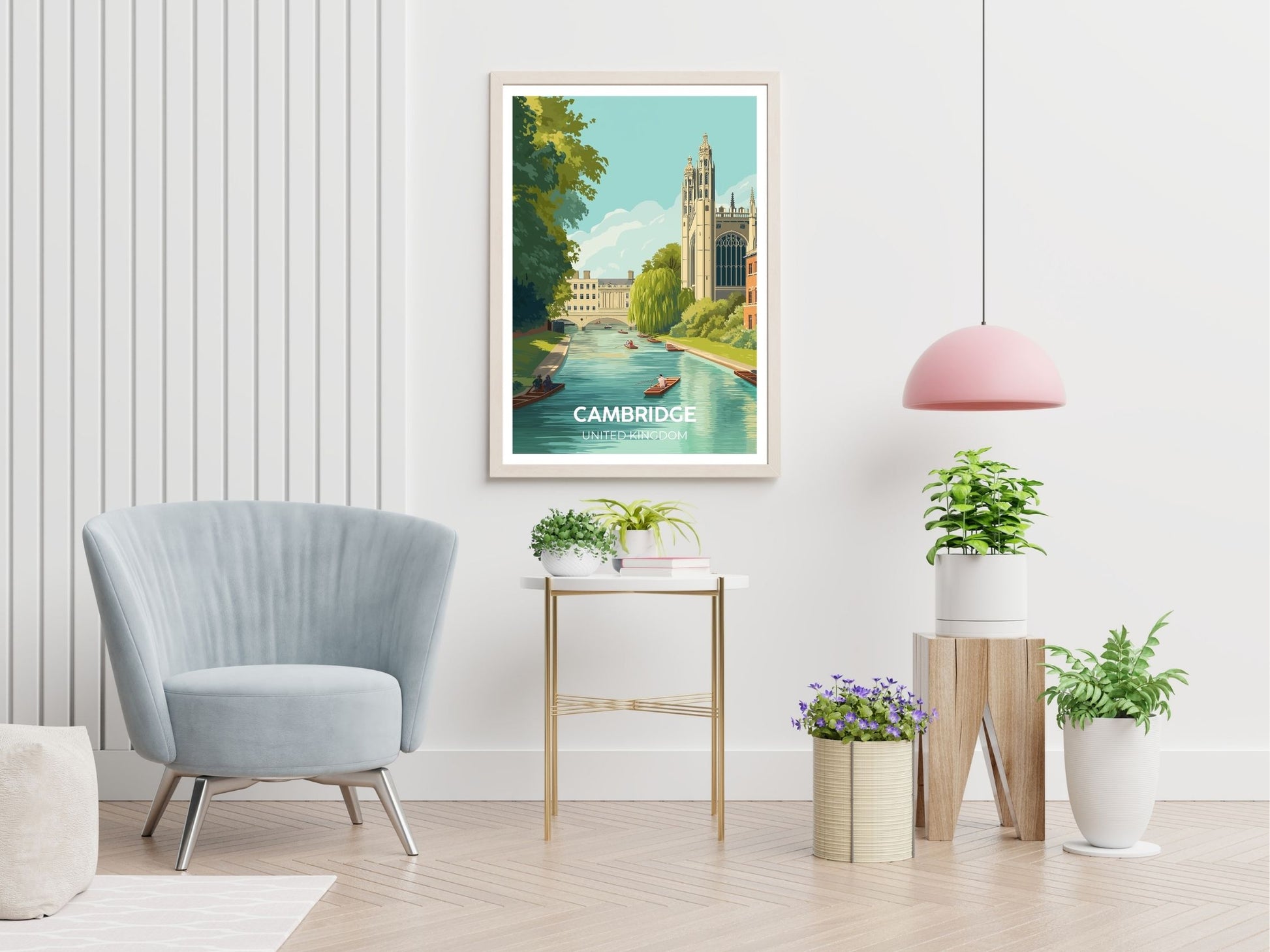 Cambridge travel print displayed in living room – Atlas Prints