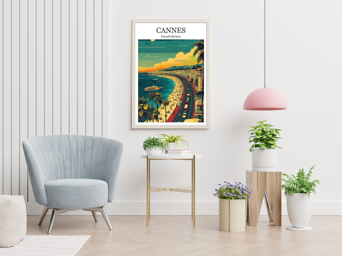 Cannes French Riviera travel print displayed in living room – Atlas Prints