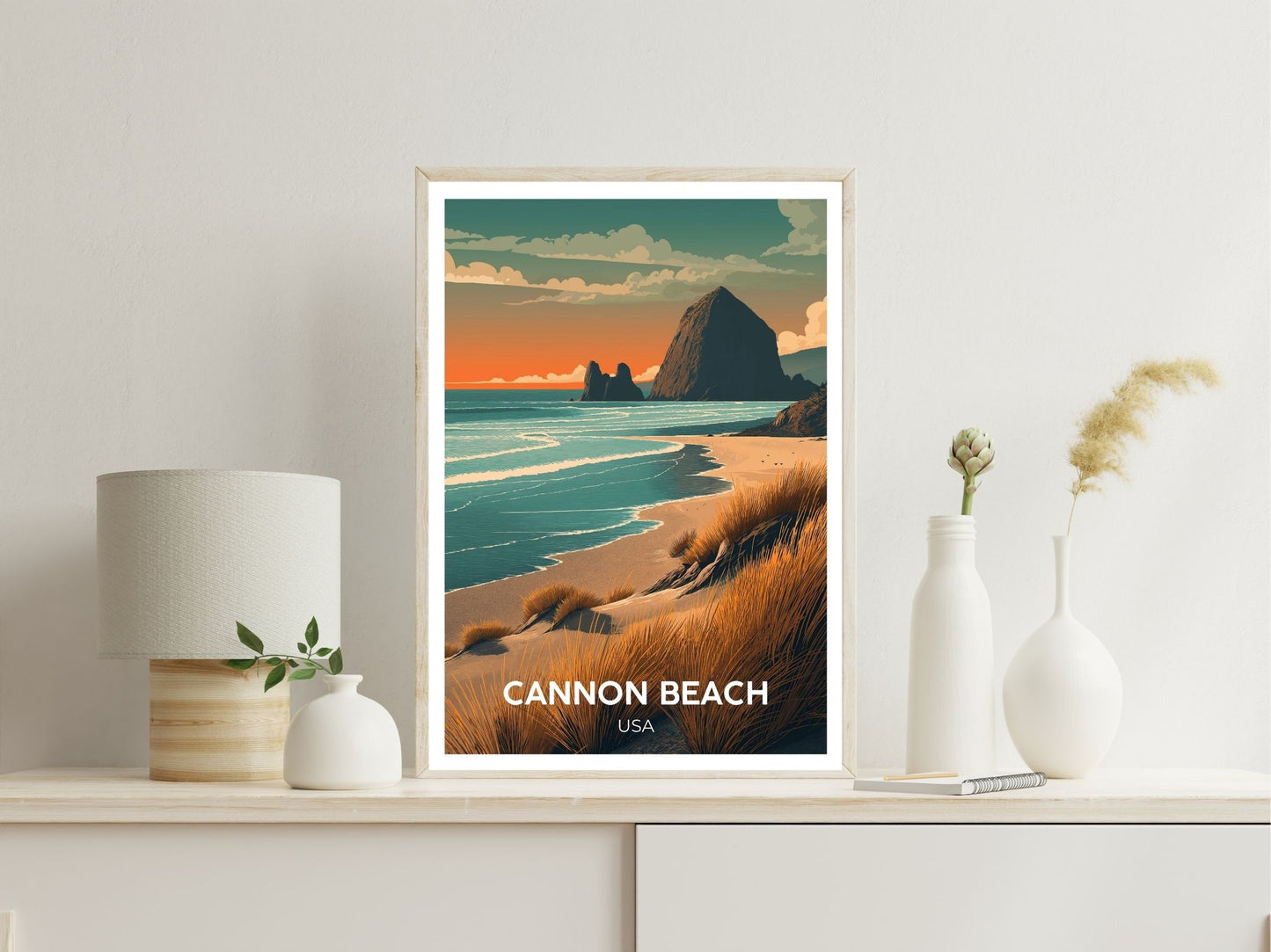 Cannon Beach USA wall art print displayed in bedroom – Atlas Prints