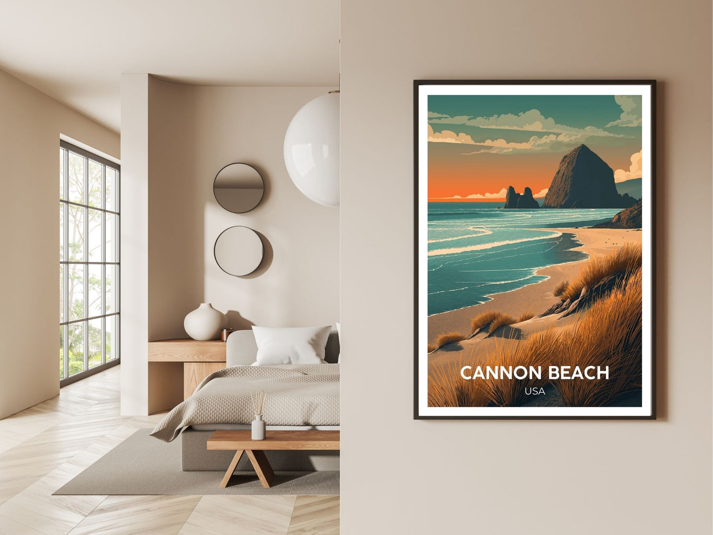 Gallery wall display of Cannon Beach USA travel poster – Atlas Prints