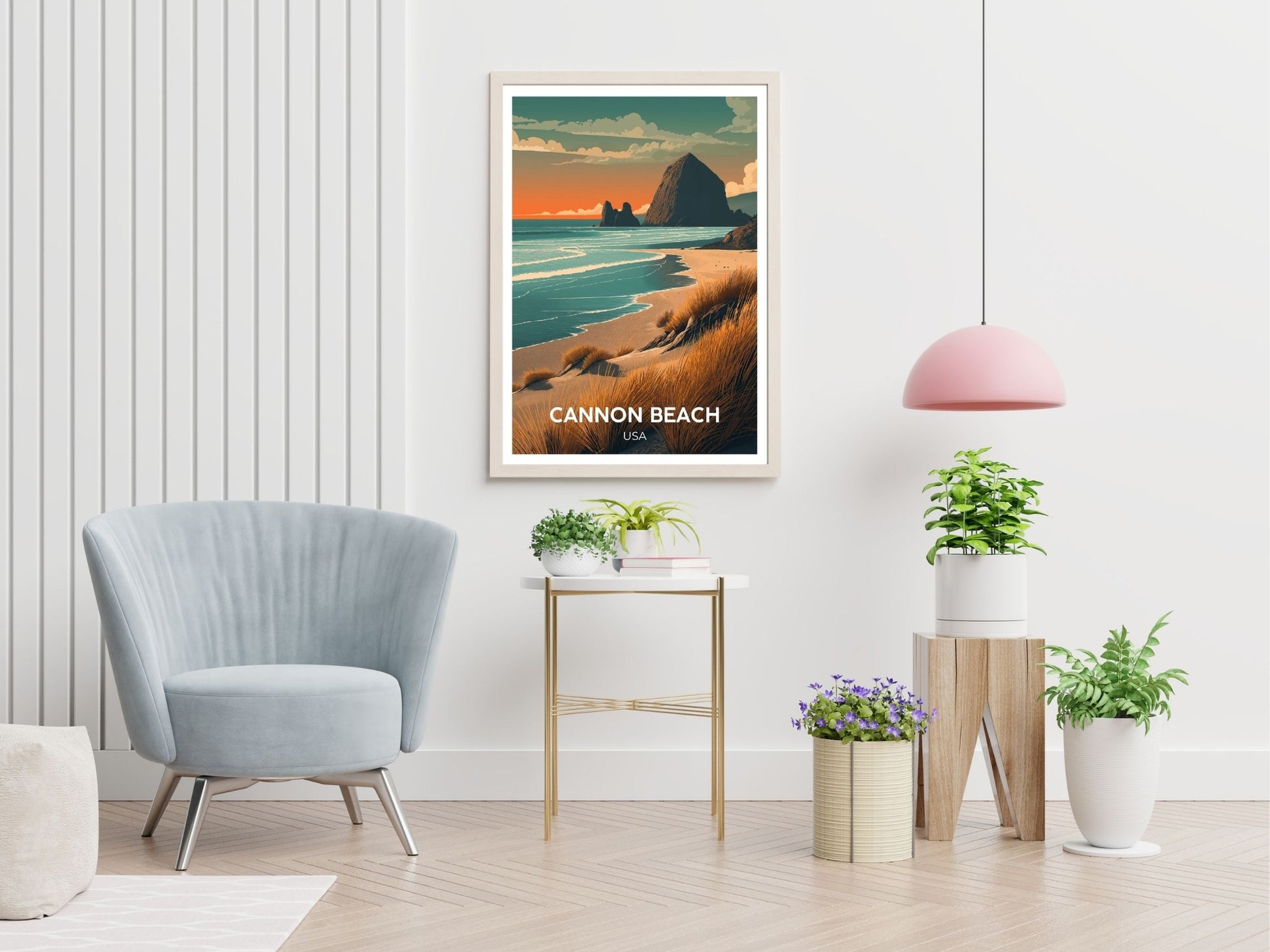 Cannon Beach USA travel print displayed in living room – Atlas Prints