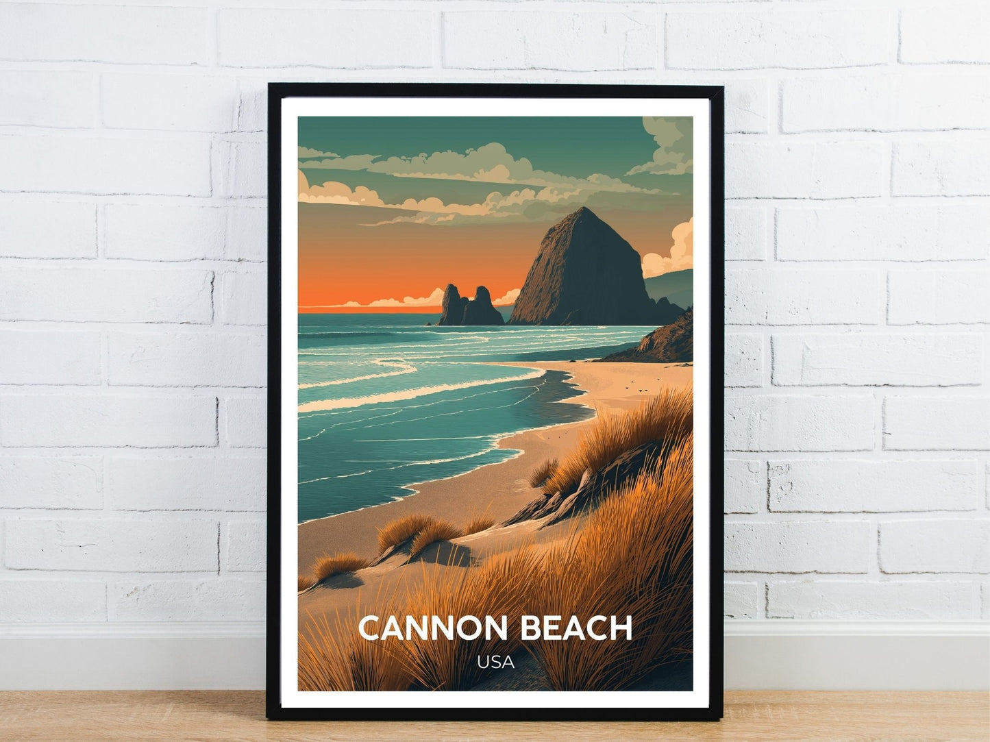 Minimal Cannon Beach USA travel art poster – Atlas Prints