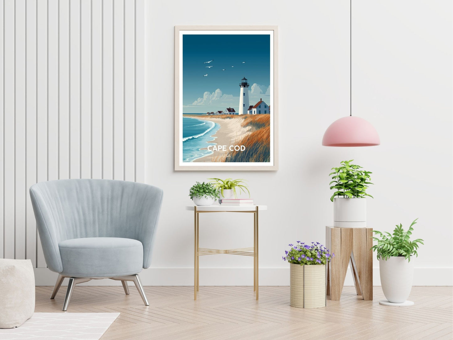 Cape Cod USA travel print displayed in living room – Atlas Prints