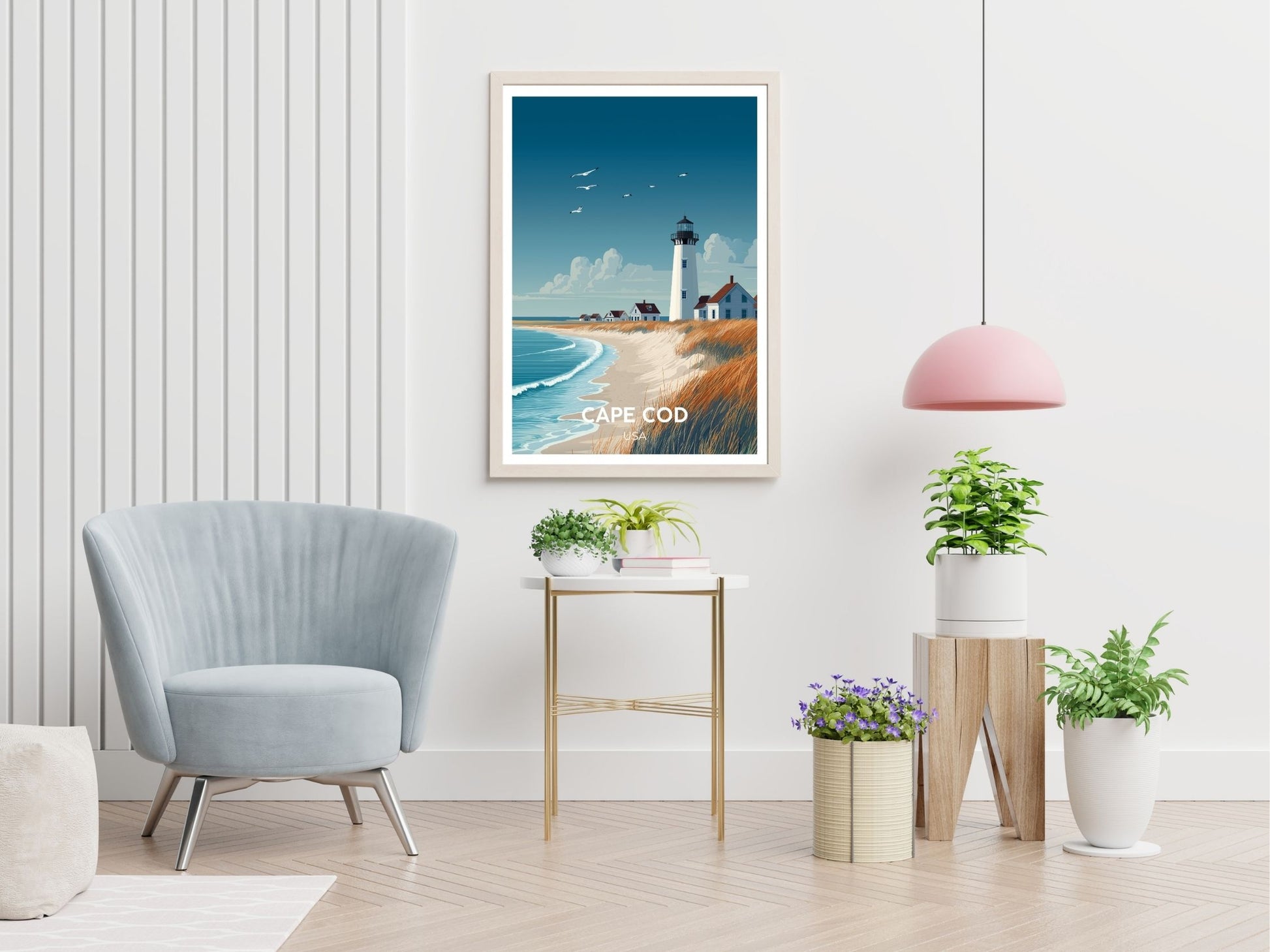 Cape Cod USA travel print displayed in living room – Atlas Prints