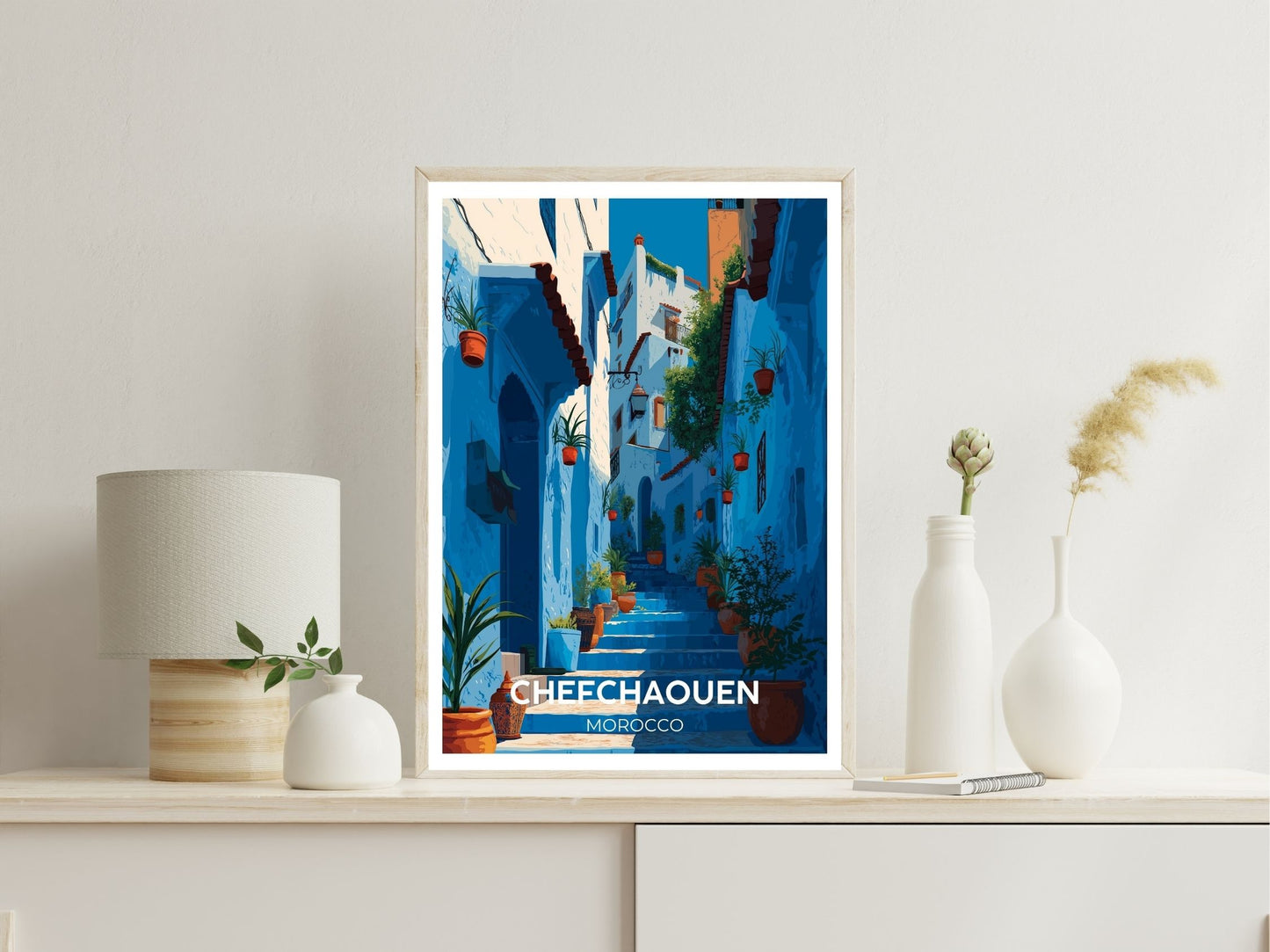 Chefchaouen Morocco wall art print displayed in bedroom – Atlas Prints