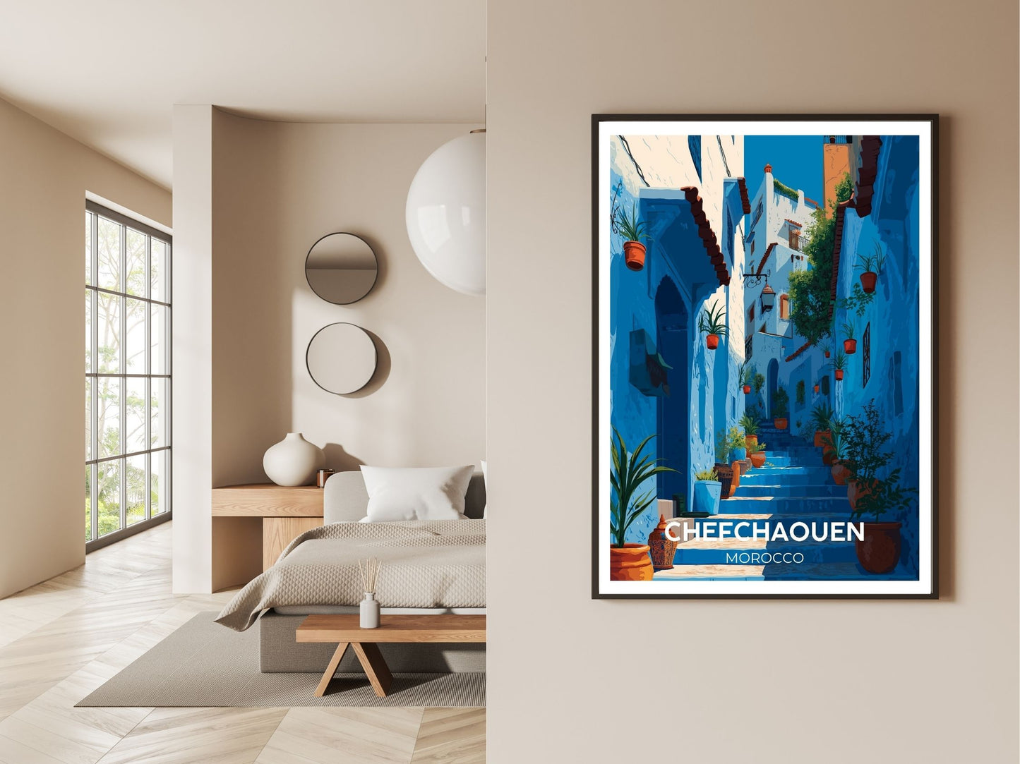 Gallery wall display of Chefchaouen Morocco travel poster – Atlas Prints