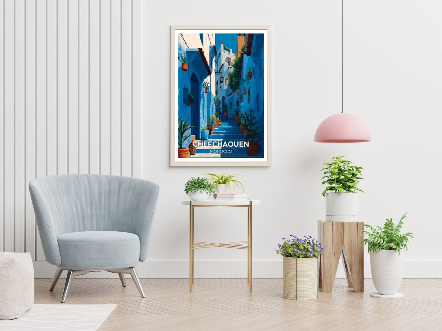 Chefchaouen Morocco travel print displayed in living room – Atlas Prints