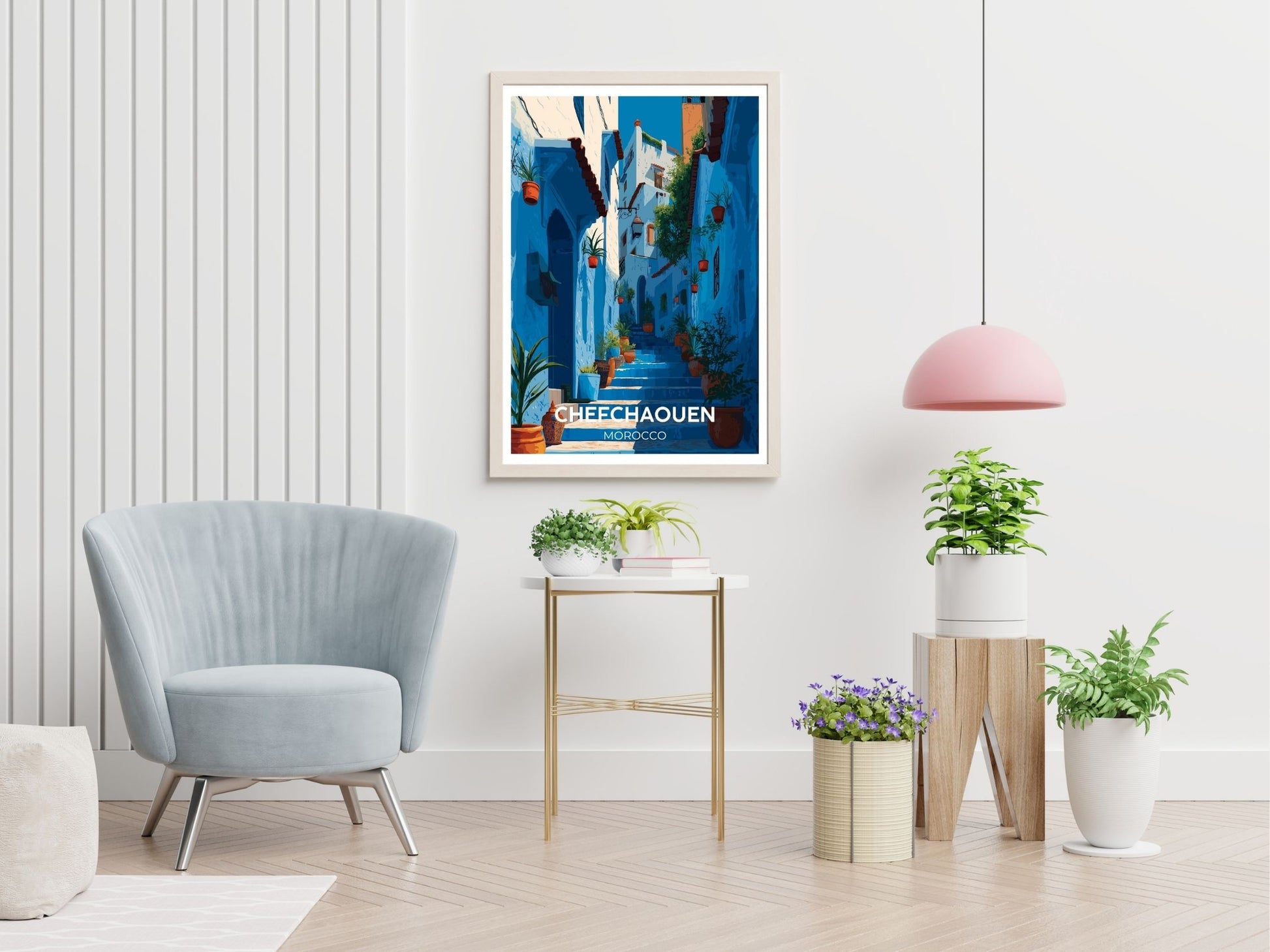 Chefchaouen Morocco travel print displayed in living room – Atlas Prints