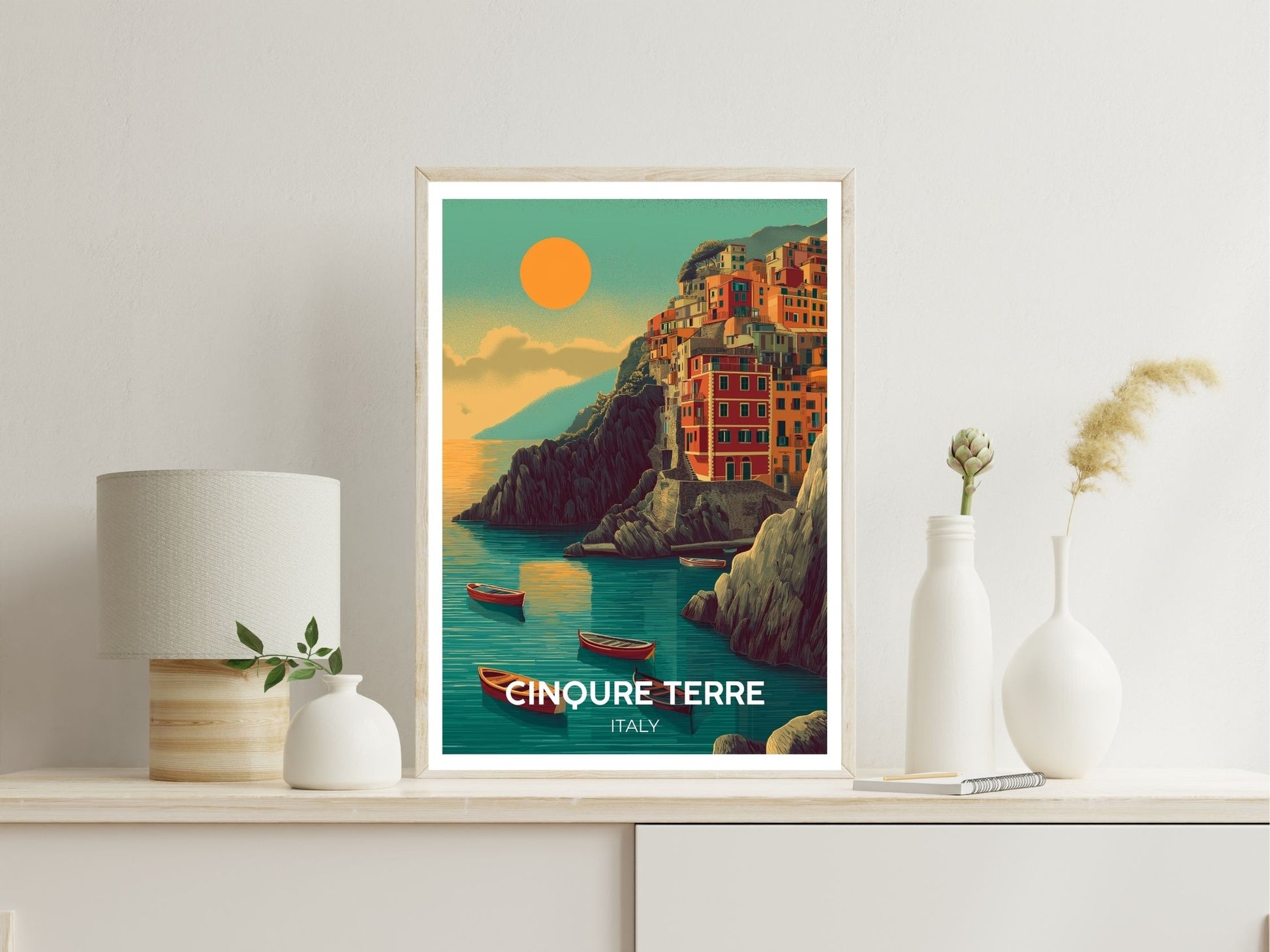 Cinqure Terre Italy wall art print displayed in bedroom – Atlas Prints