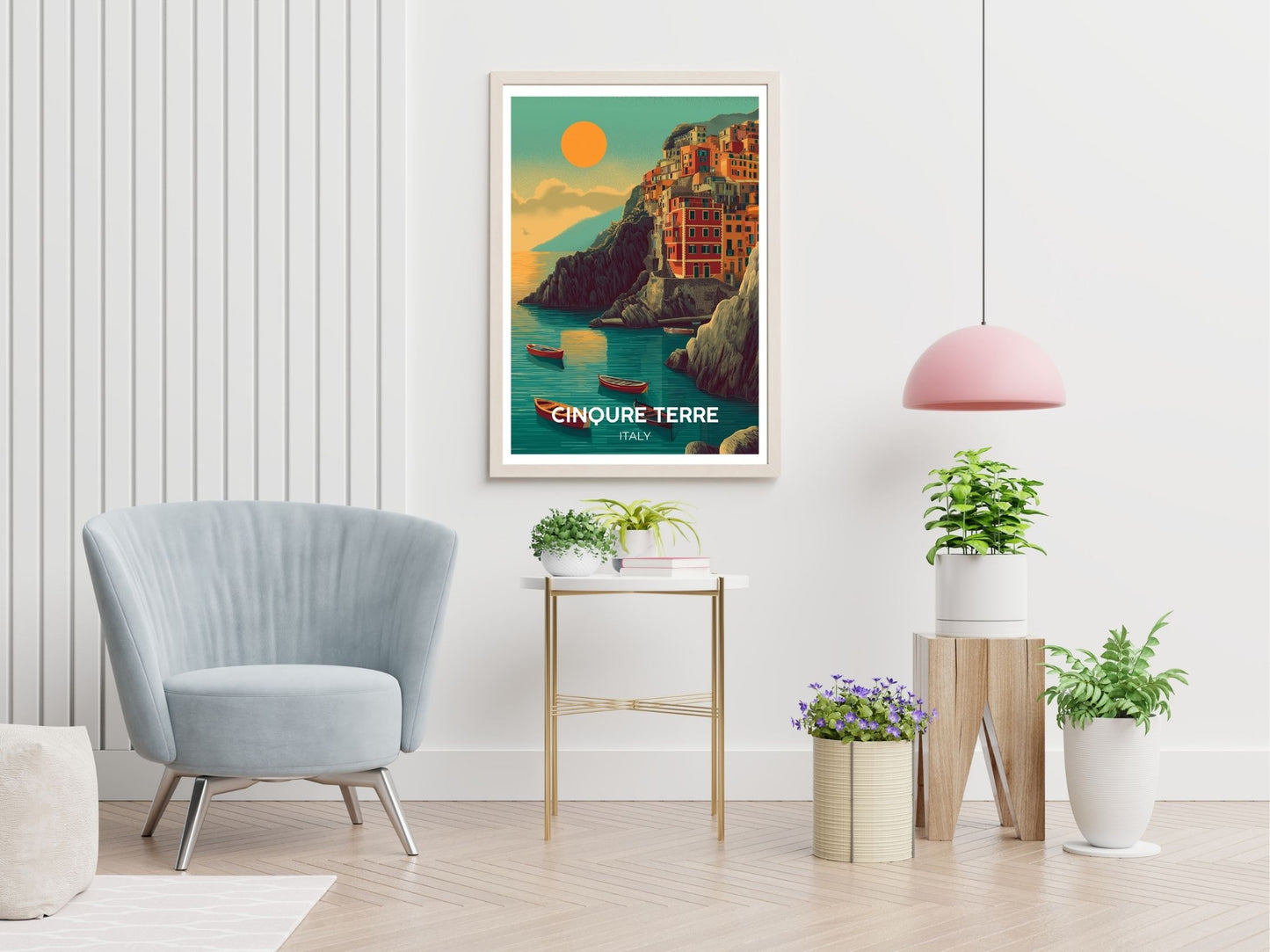 Cinqure Terre Italy travel print displayed in living room – Atlas Prints
