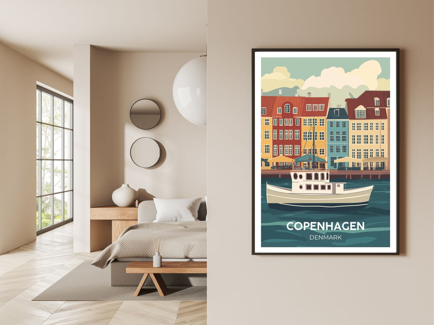 Gallery wall display of Copenhagen Denmark travel poster – Atlas Prints