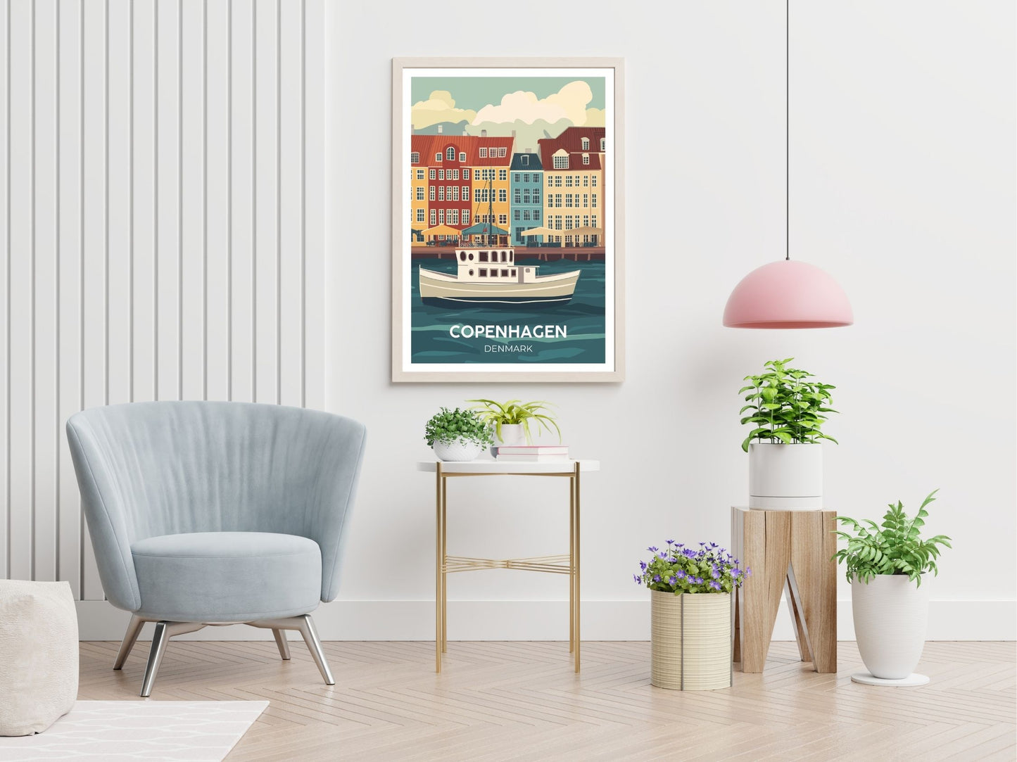 Copenhagen Denmark travel print displayed in living room – Atlas Prints