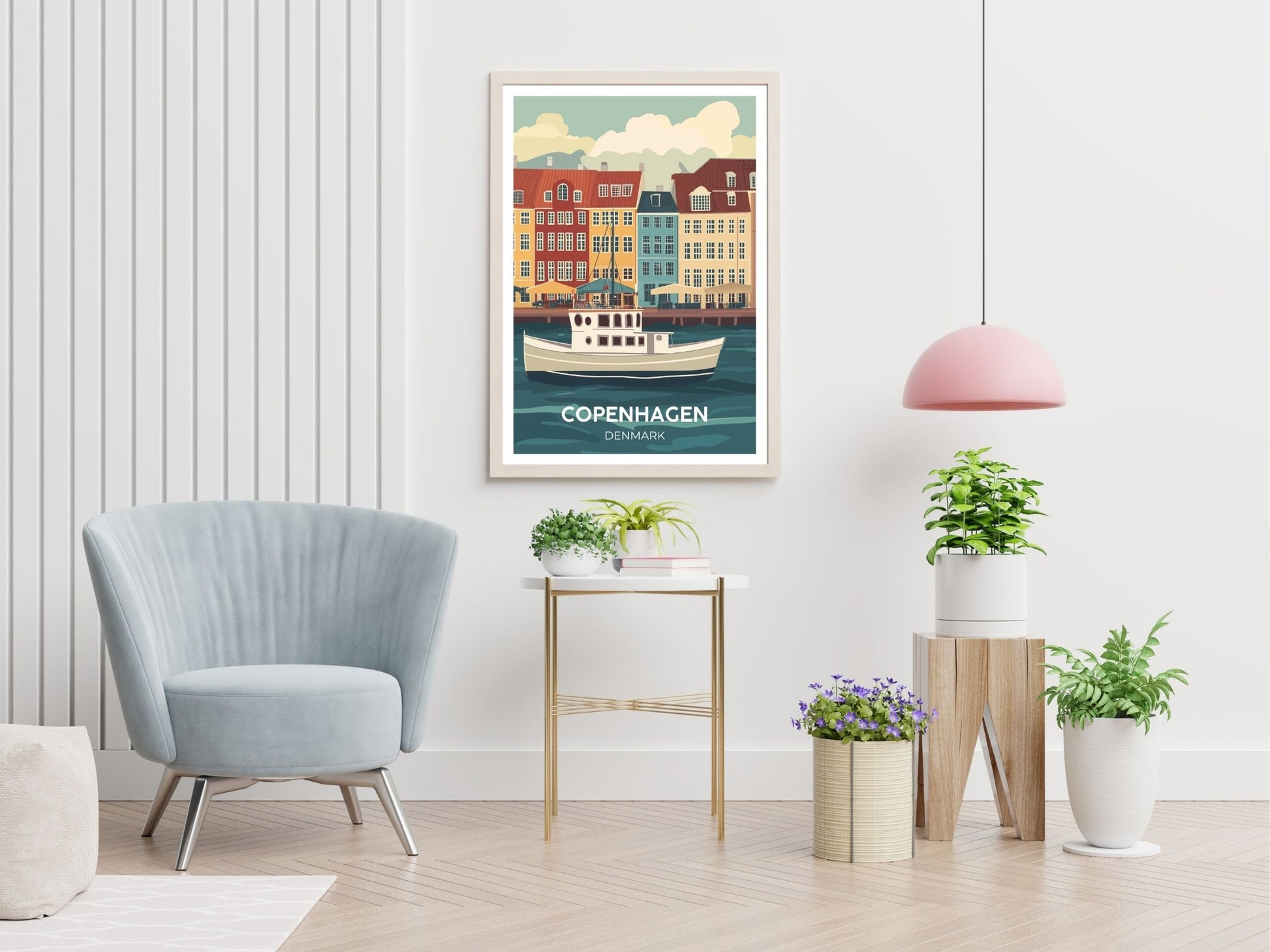 Copenhagen Denmark travel print displayed in living room – Atlas Prints