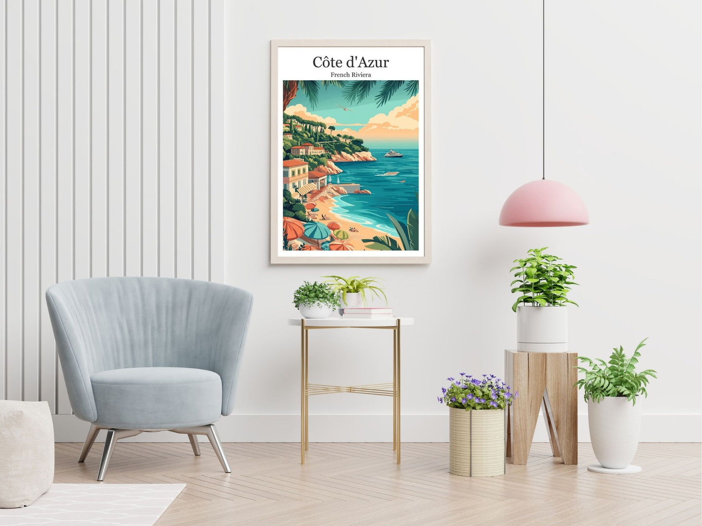 Cote d'Azur travel print displayed in living room – Atlas Prints
