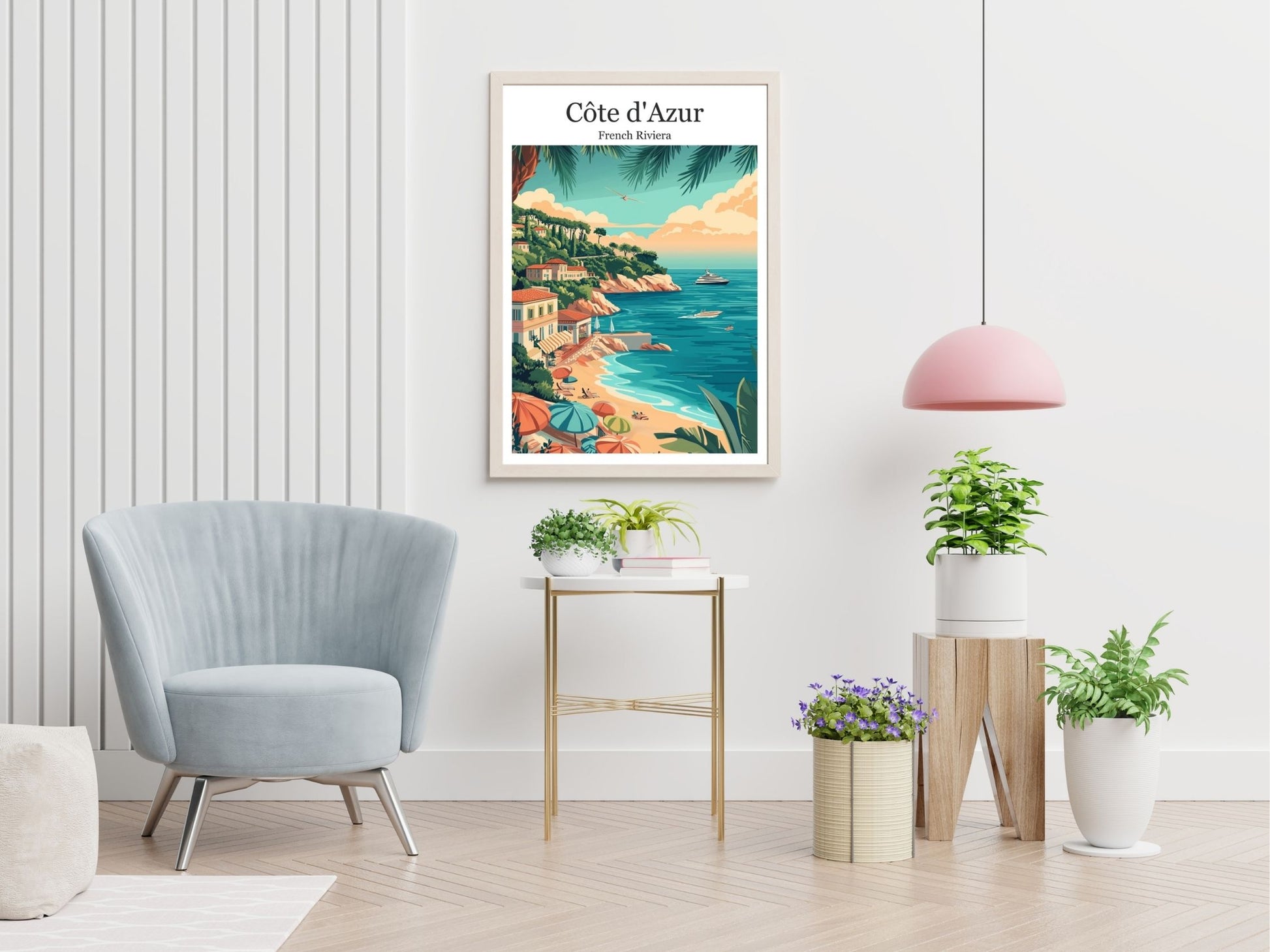 Cote d'Azur travel print displayed in living room – Atlas Prints