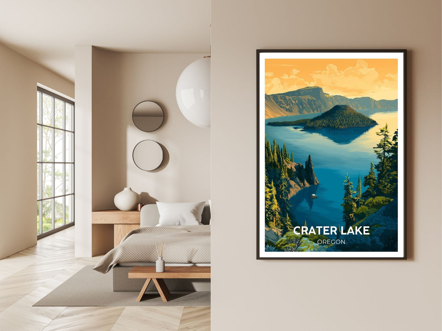 Gallery wall display of Crater Lake Oregon  travel poster – Atlas Prints