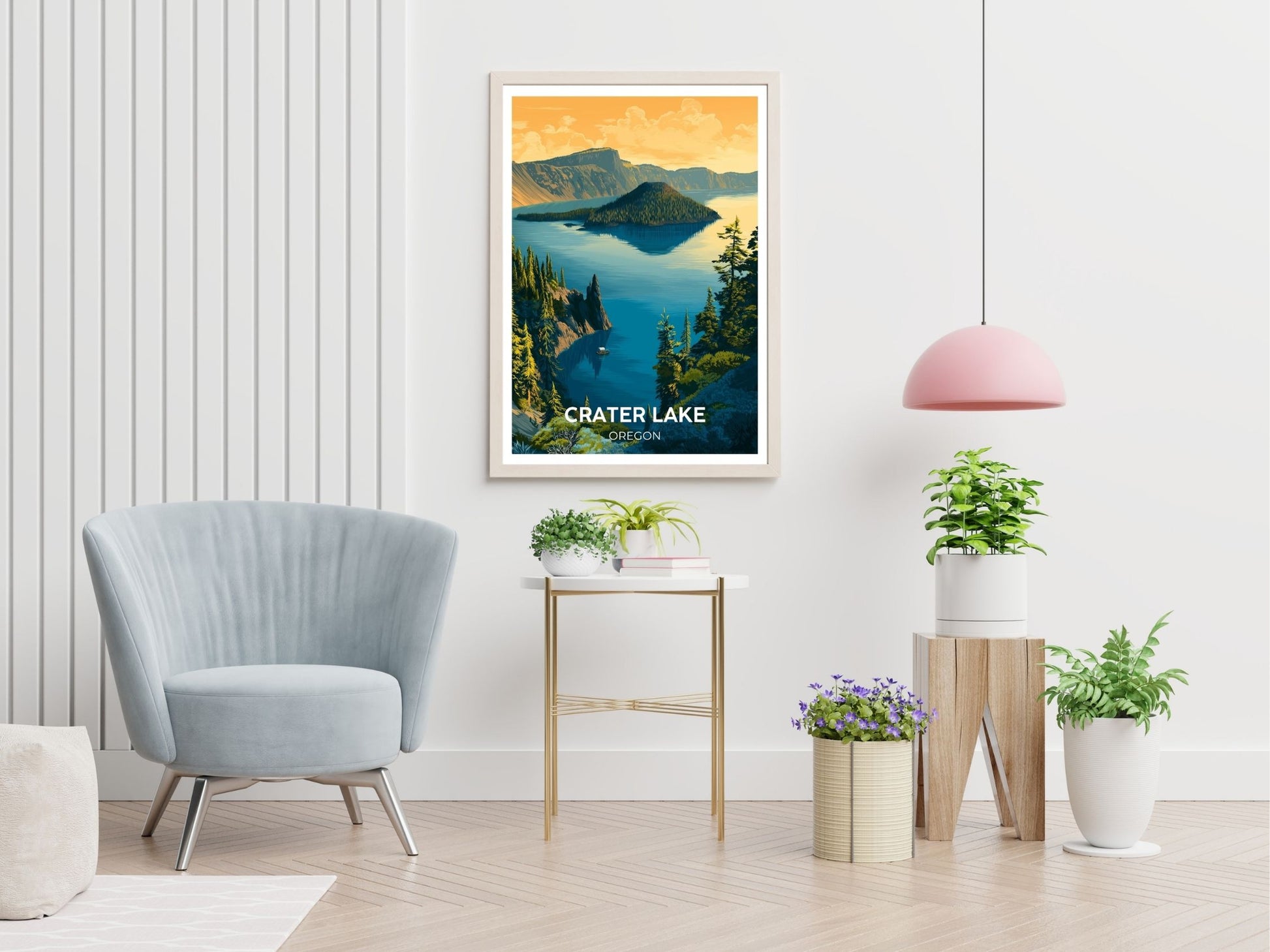 Crater Lake Oregon  travel print displayed in living room – Atlas Prints