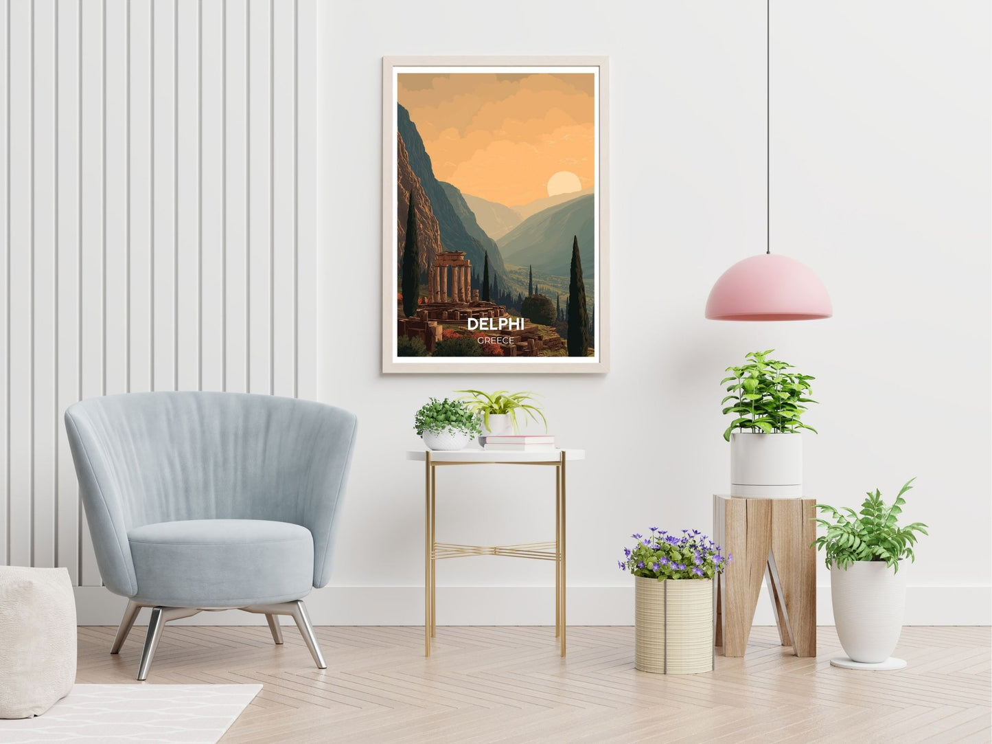 Delphi Greece travel print displayed in living room – Atlas Prints