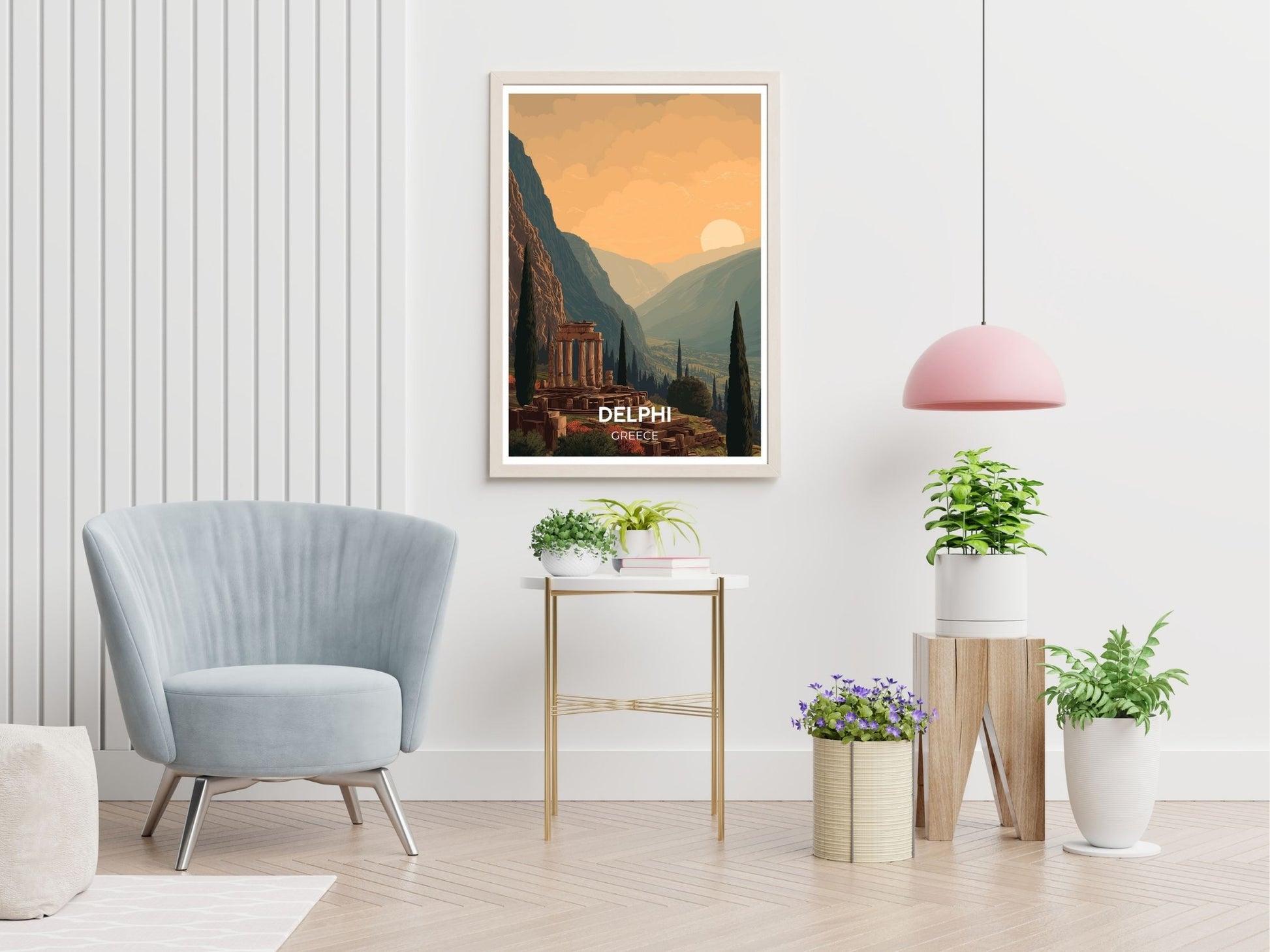 Delphi Greece travel print displayed in living room – Atlas Prints