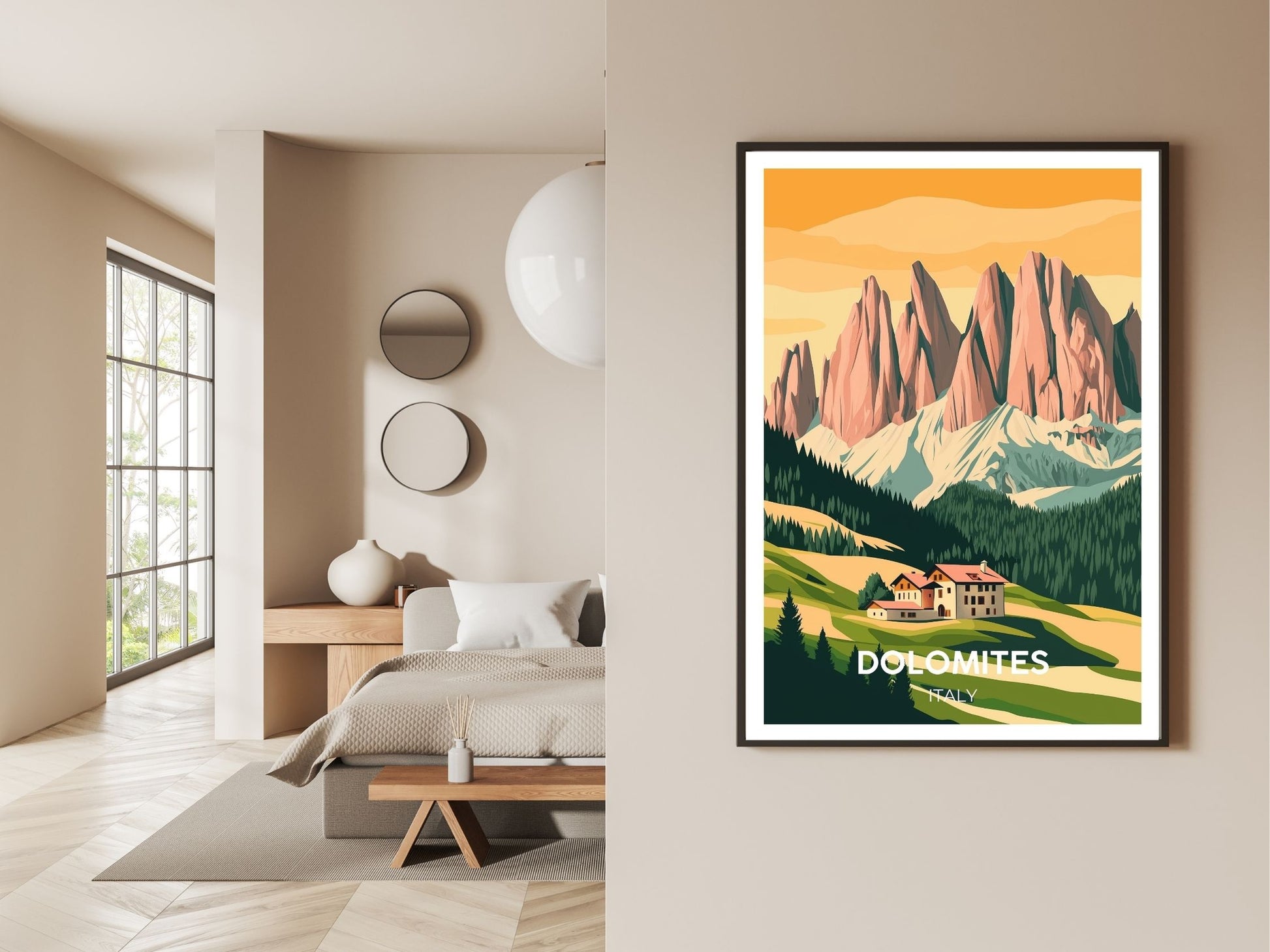 Gallery wall display of Dolomites travel poster – Atlas Prints