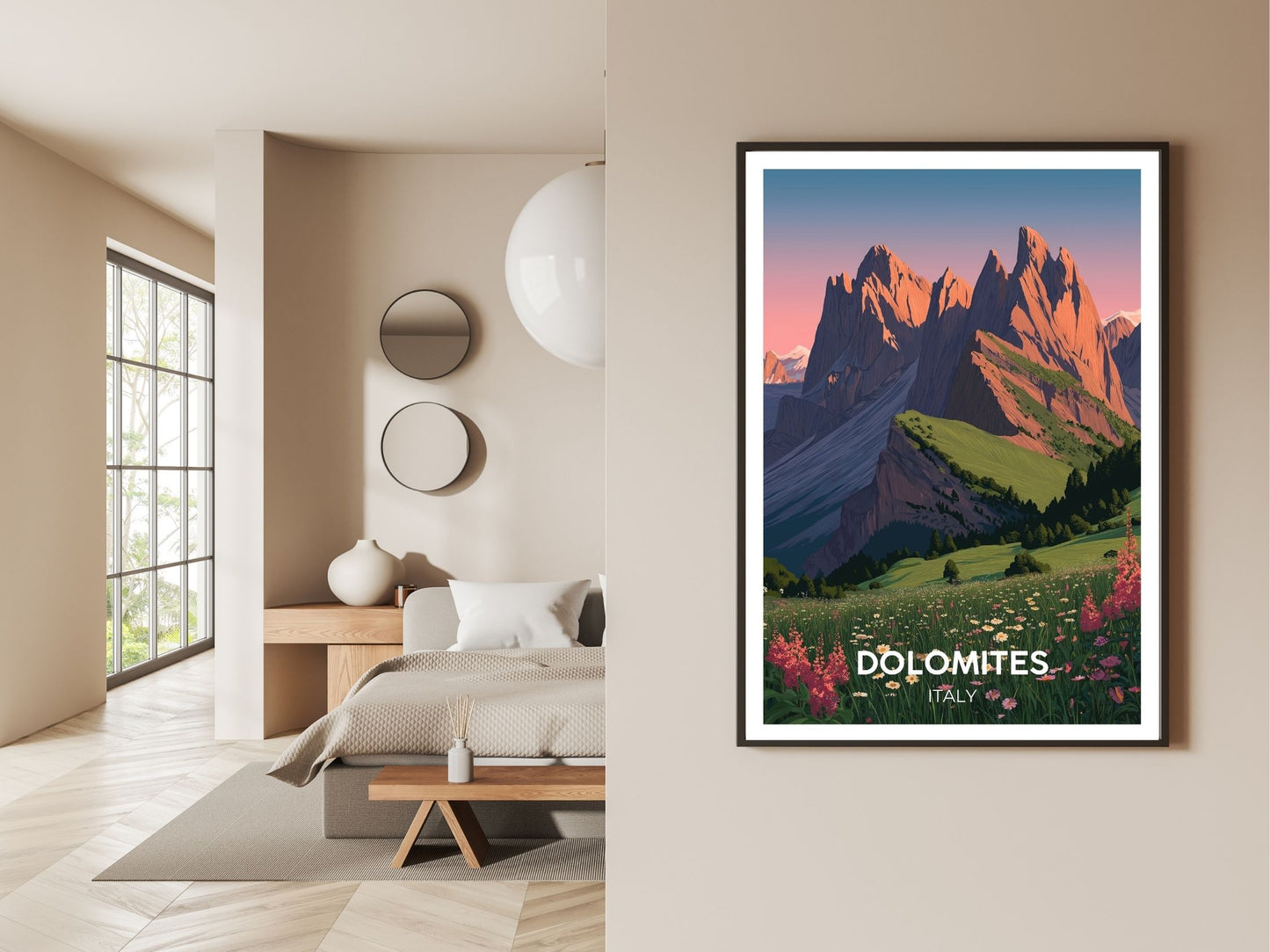 Gallery wall display of Dolomites Italy travel poster – Atlas Prints