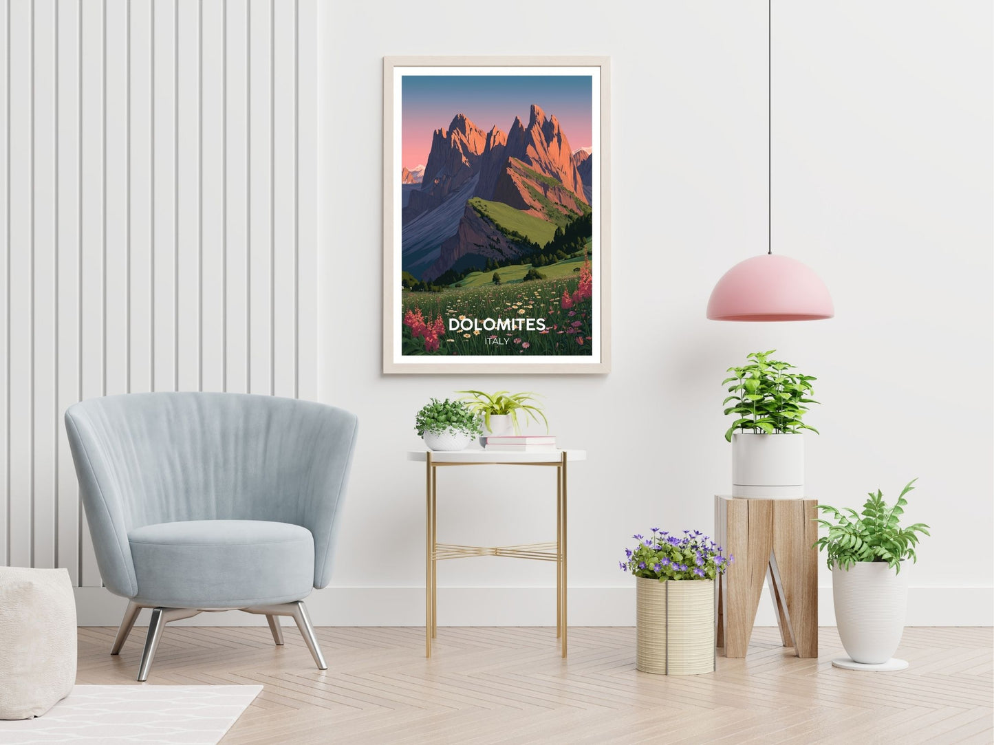 Dolomites Italy travel print displayed in living room – Atlas Prints