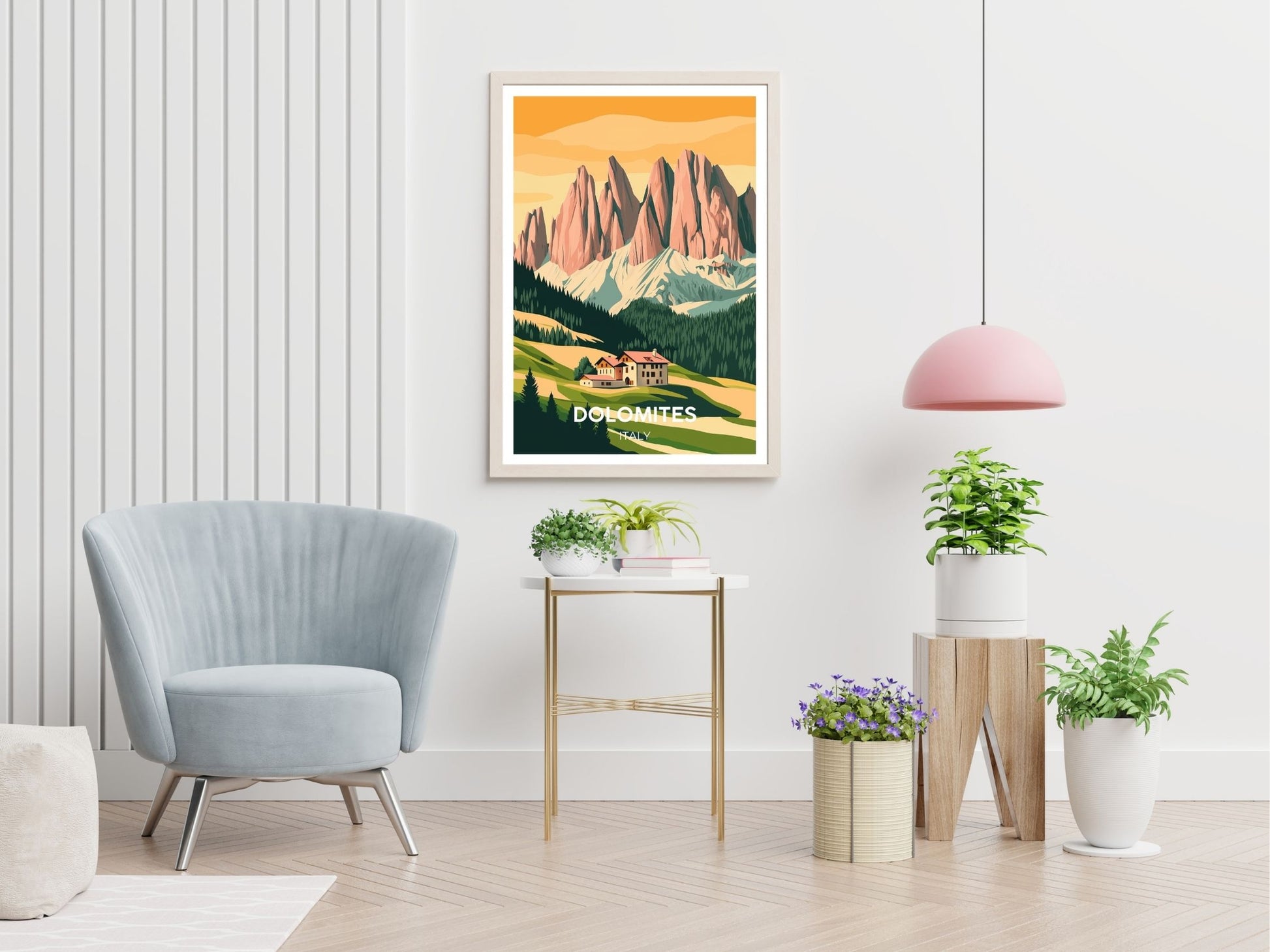 Dolomites travel print displayed in living room – Atlas Prints