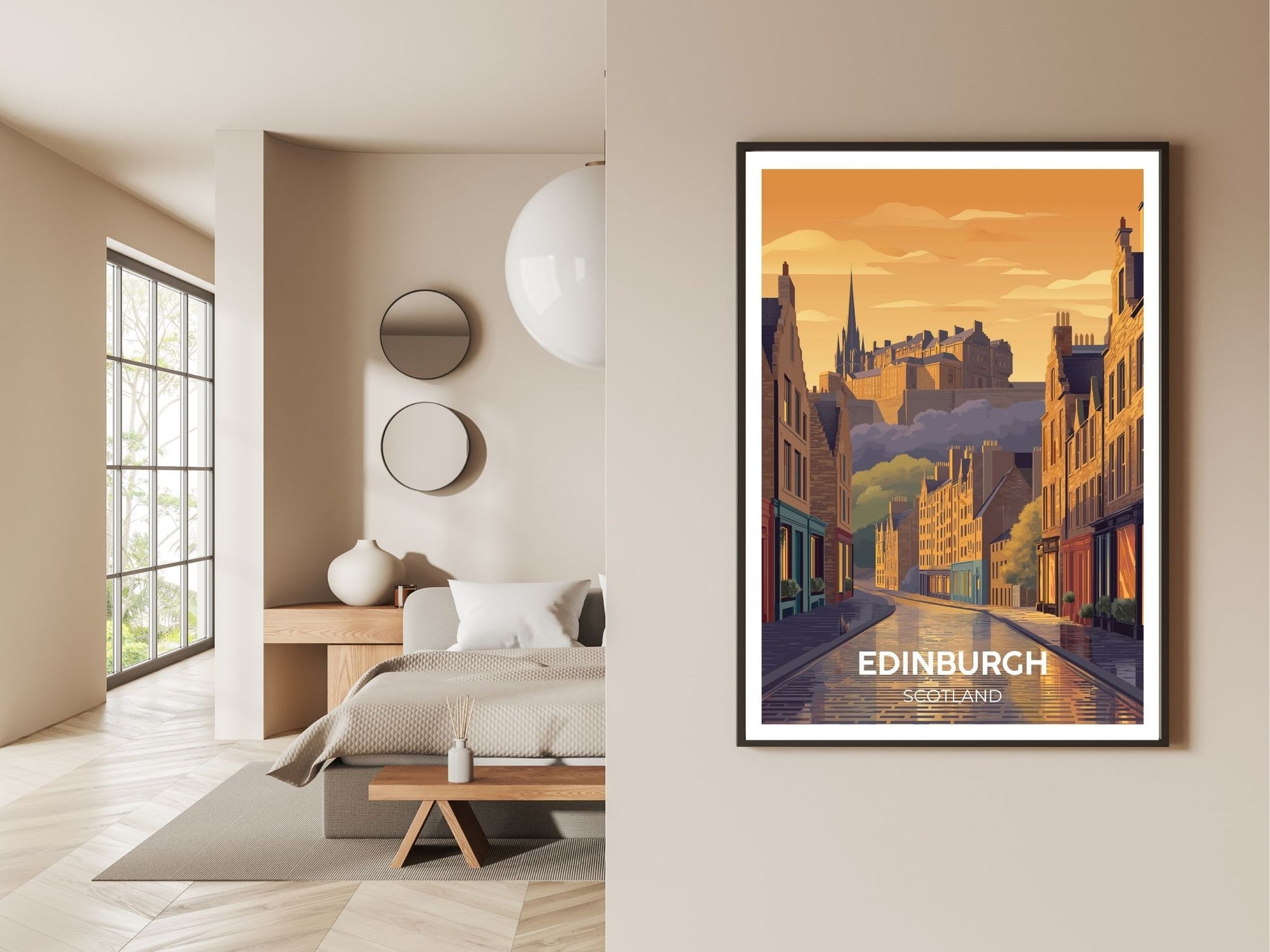 Edinburgh Scotland wall art print displayed in bedroom – Atlas Prints