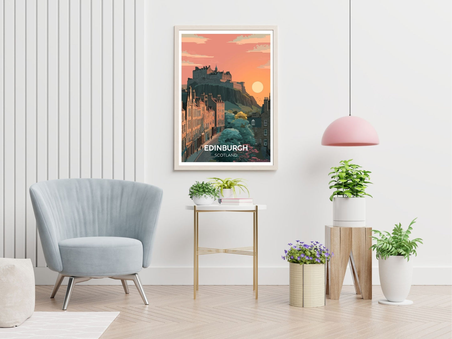 Edinburgh Scotland travel print displayed in living room – Atlas Prints