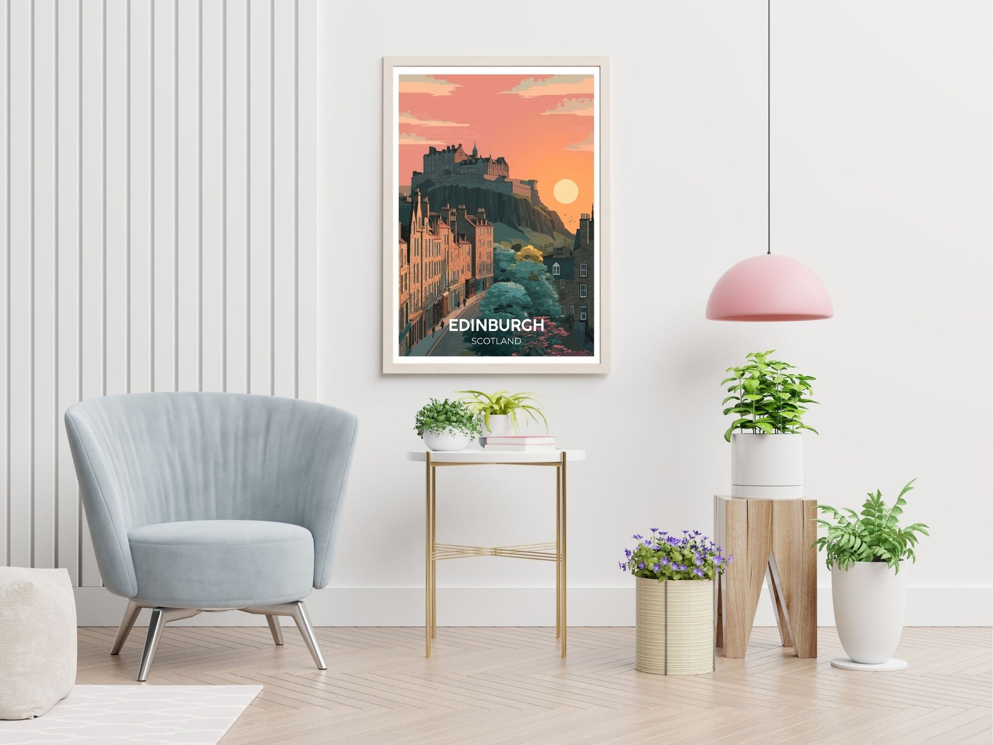 Edinburgh Scotland travel print displayed in living room – Atlas Prints
