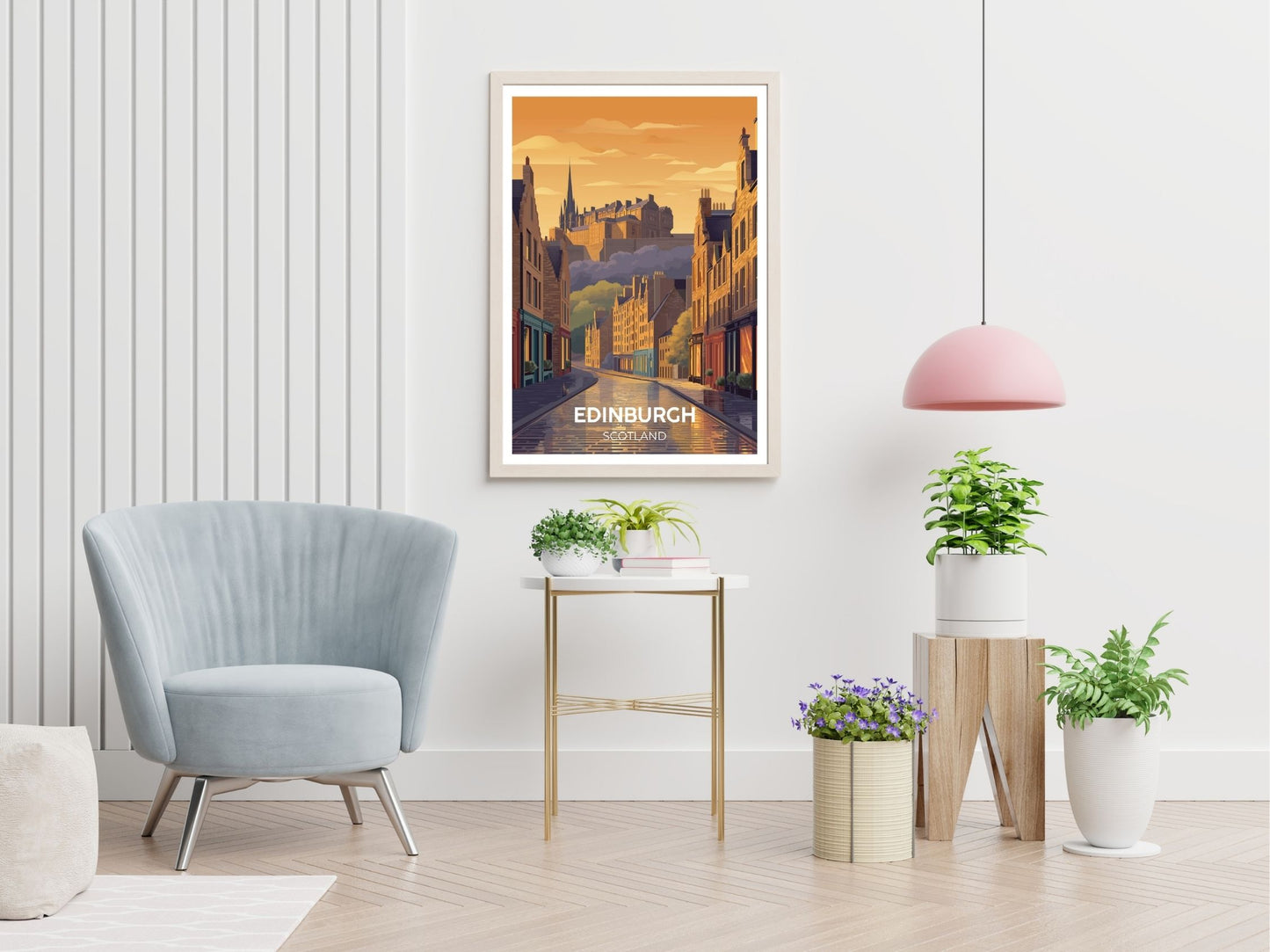 Edinburgh Scotland travel print displayed in living room – Atlas Prints