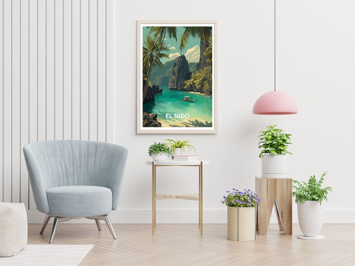 El Nido travel print displayed in living room – Atlas Prints