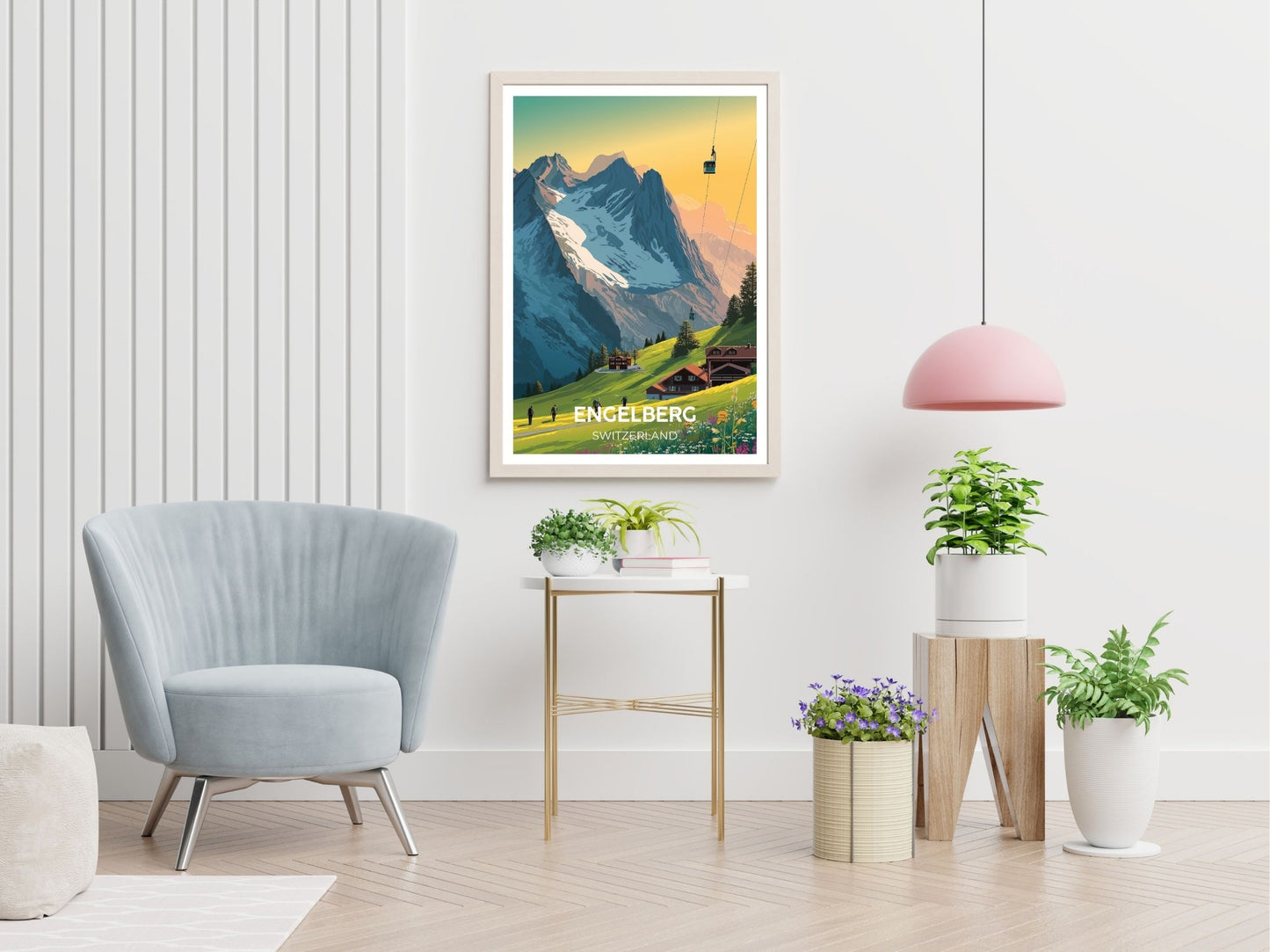 Engelberg Switzerland travel print displayed in living room – Atlas Prints