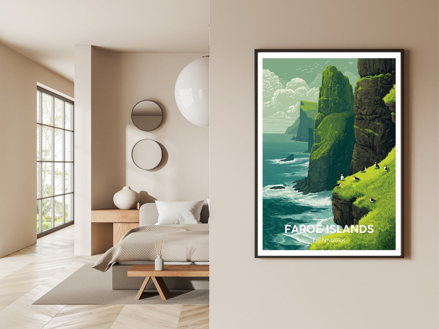 Gallery wall display of Faroe Islands Denmark travel poster – Atlas Prints