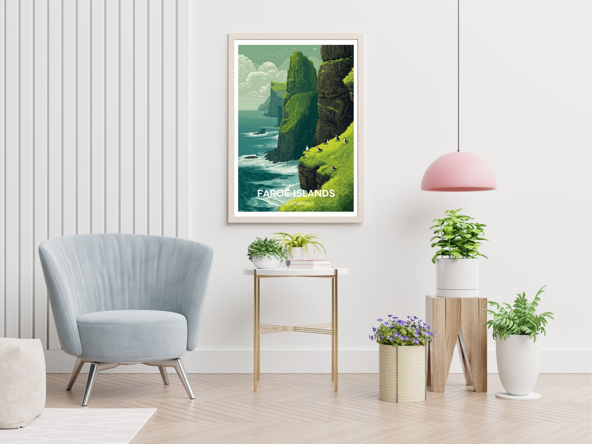 Faroe Islands Denmark travel print displayed in living room – Atlas Prints