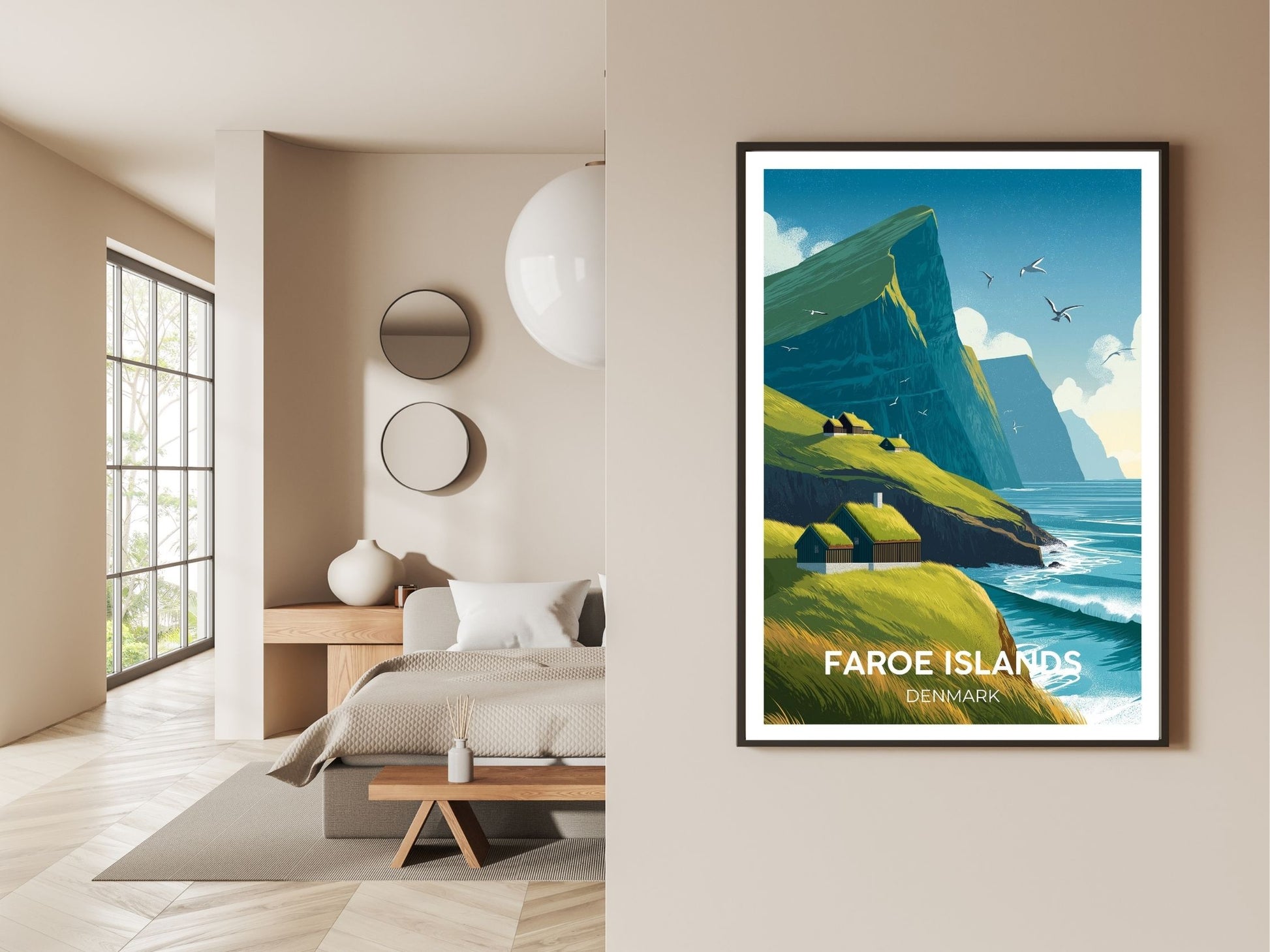 Gallery wall display of Faroe Islands travel poster – Atlas Prints