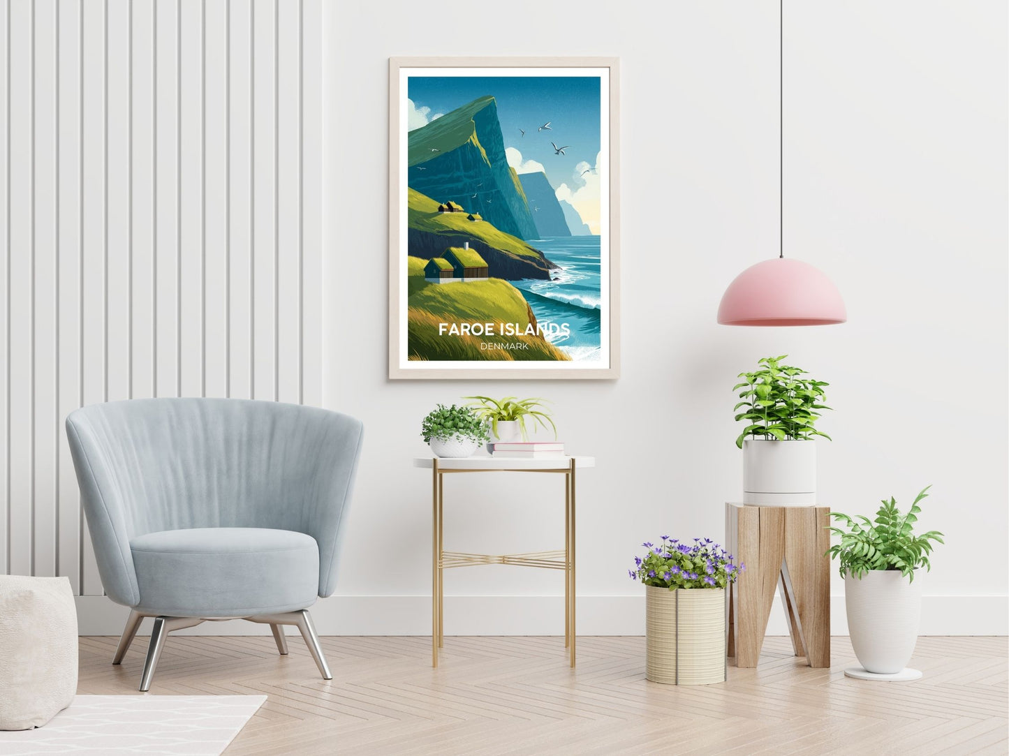 Faroe Islands travel print displayed in living room – Atlas Prints