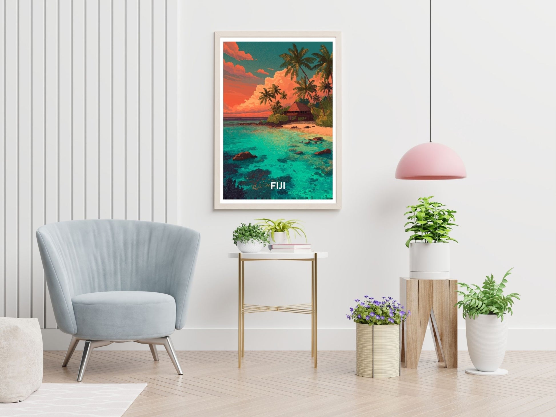 Fiji travel print displayed in living room – Atlas Prints