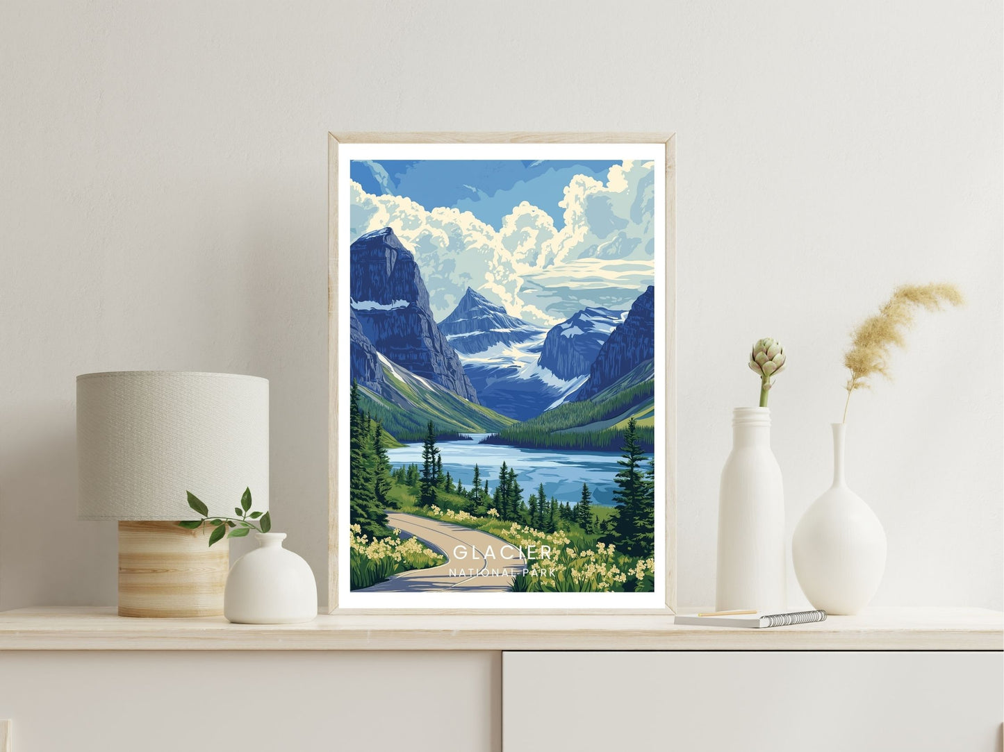 Glacier National Park wall art print displayed in bedroom – Atlas Prints