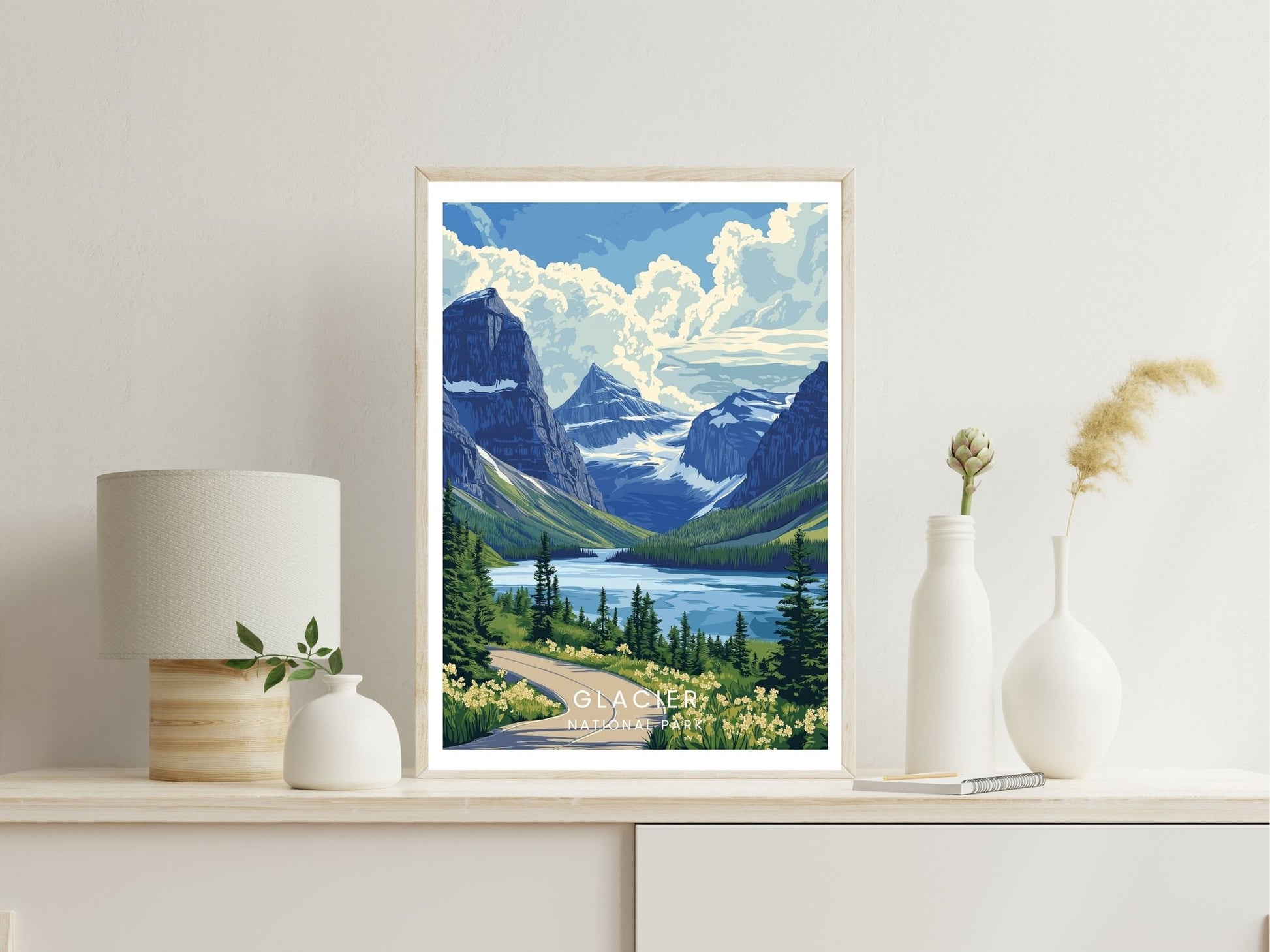 Glacier National Park wall art print displayed in bedroom – Atlas Prints